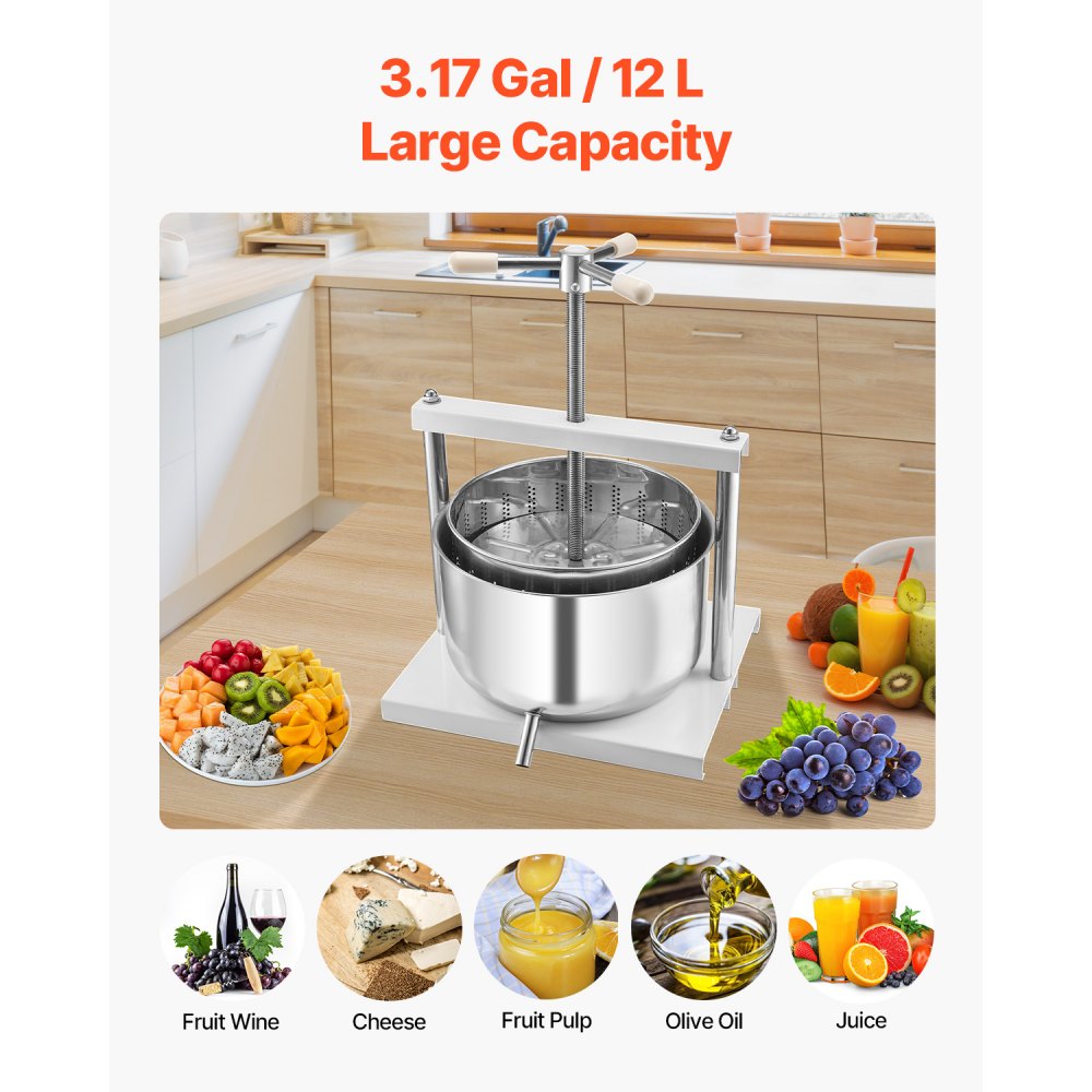 VEVOR Fruit Wine Press Manual Press for Wine Making 3.17 Gal/12L Stainless Steel