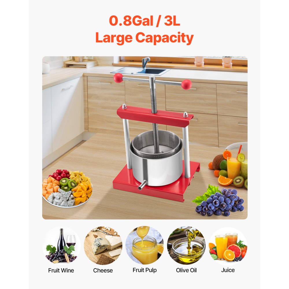 VEVOR Fruit Wine Press Manual Press for Wine Making 0.8 Gal/3L Stainless Steel