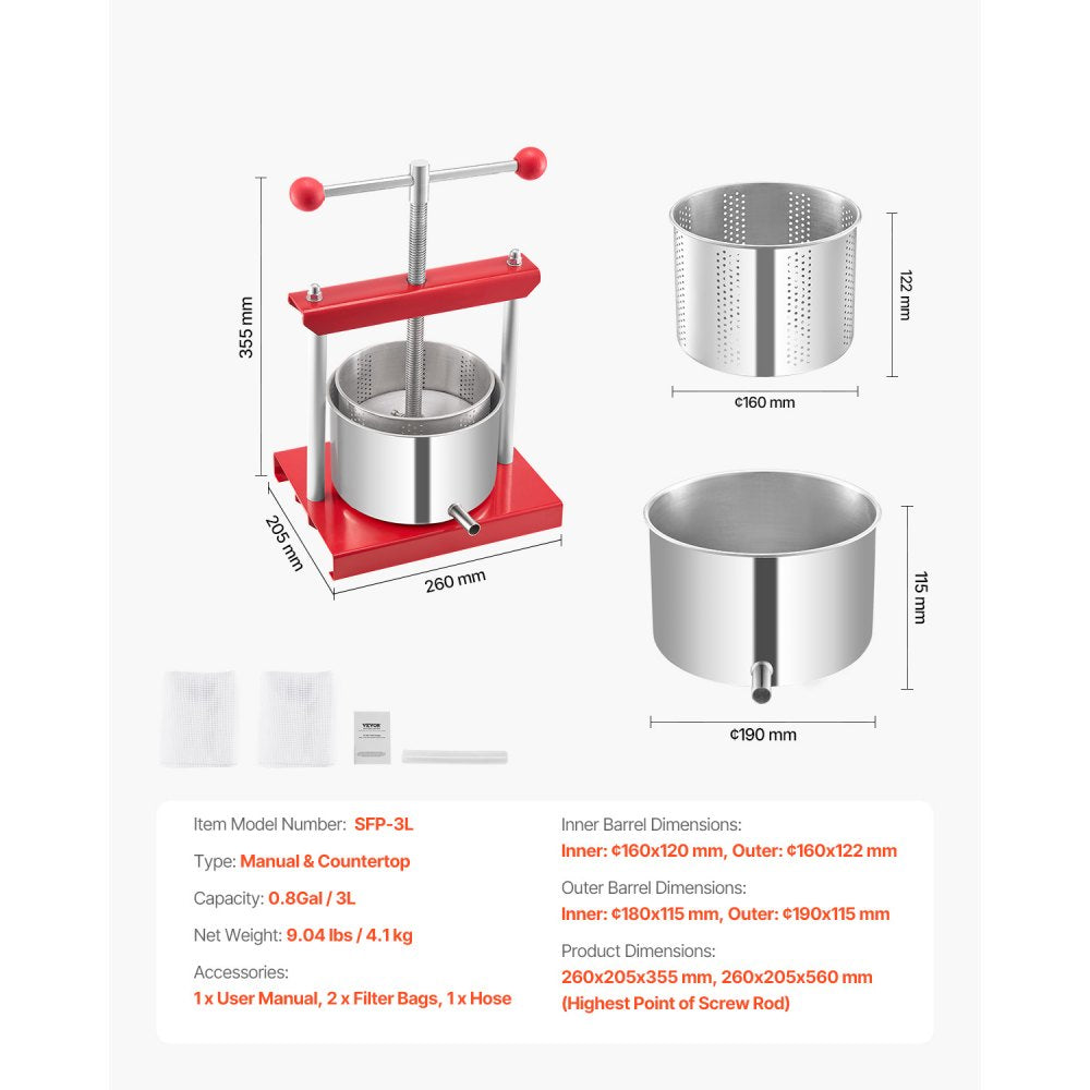 VEVOR Fruit Wine Press Manual Press for Wine Making 0.8 Gal/3L Stainless Steel