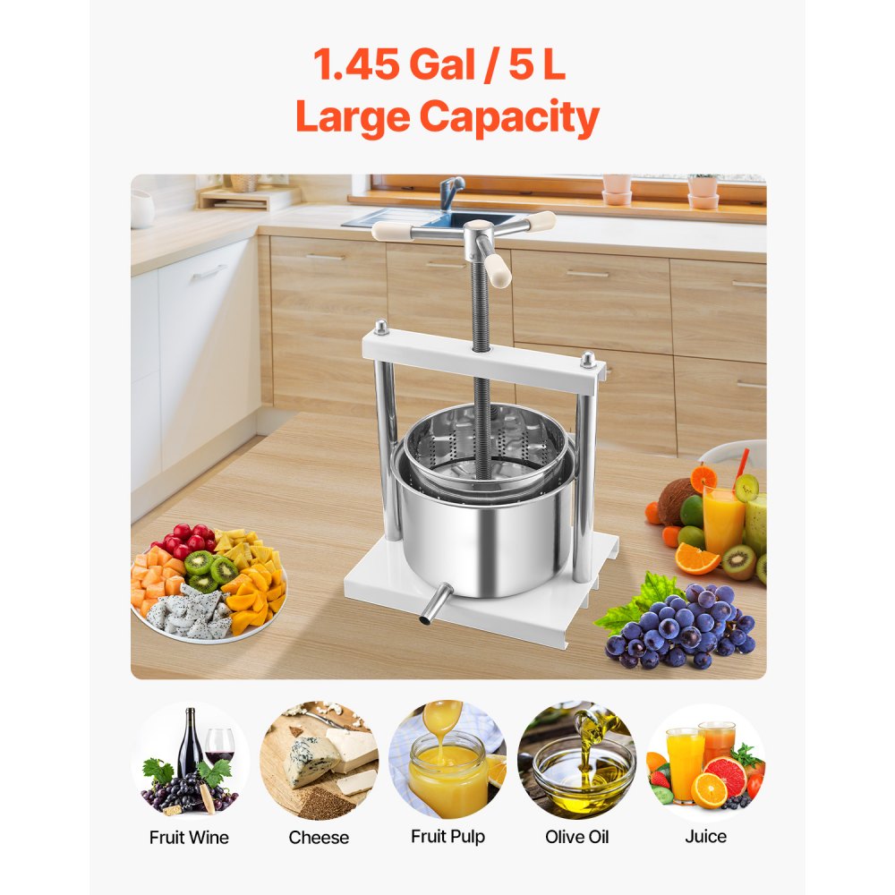 VEVOR Fruit Wine Press Manual Press for Wine Making 1.45 Gal/5L Stainless Steel