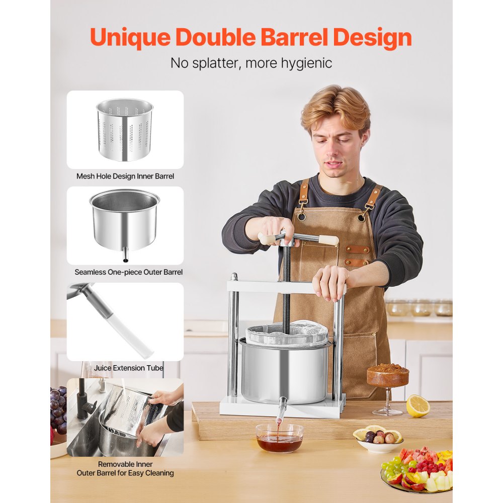 VEVOR Fruit Wine Press Manual Press for Wine Making 1.45 Gal/5L Stainless Steel