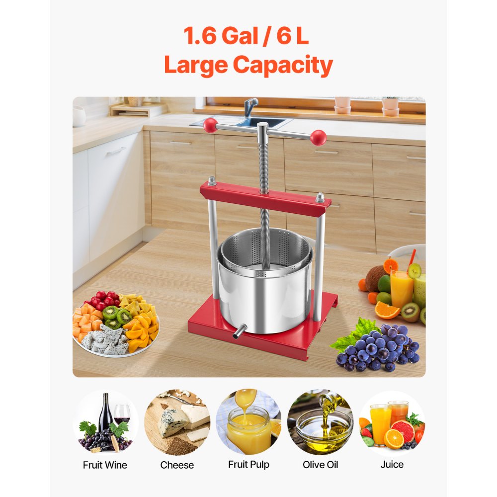 VEVOR Fruit Wine Press Manual Press for Wine Making 1.6 Gal/6L Stainless Steel