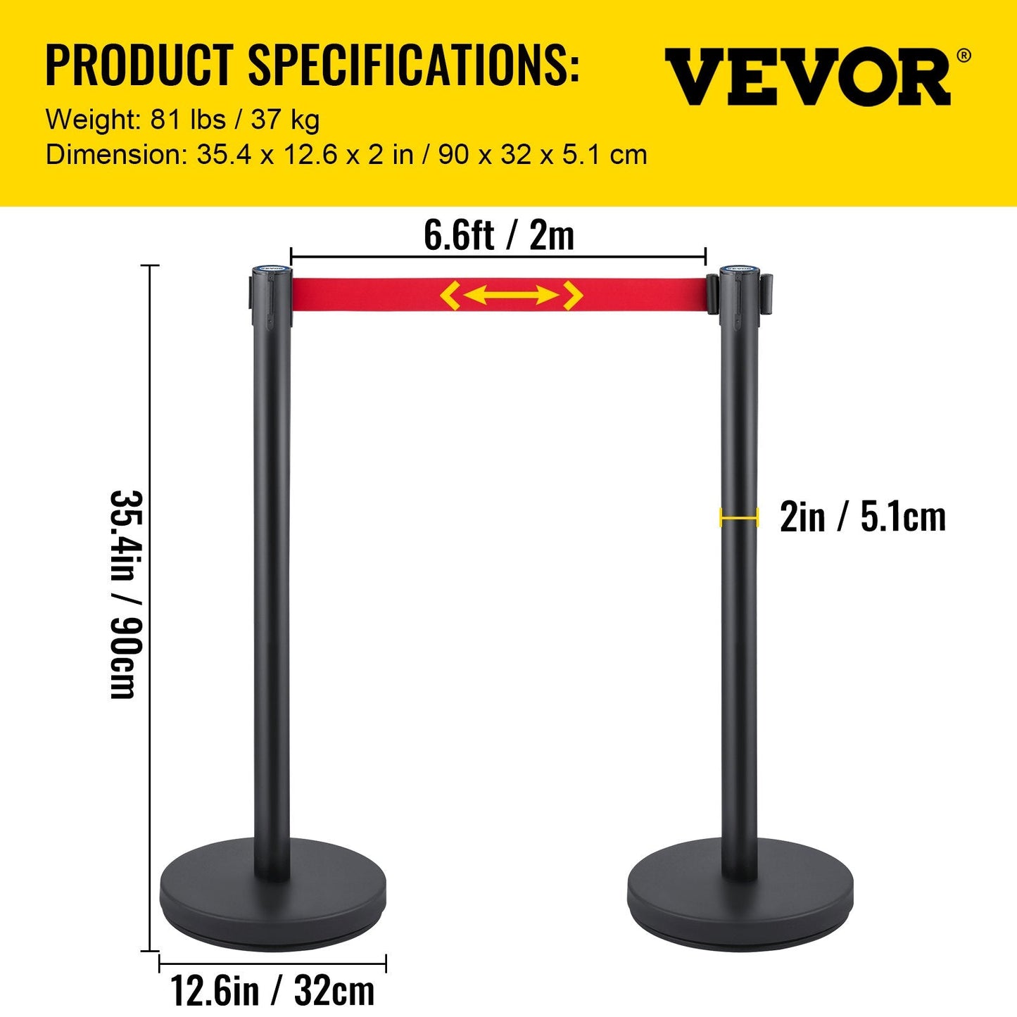 Set of 6 Black Stanchions with 2m Red Belt, Steel Crowd Control Barriers