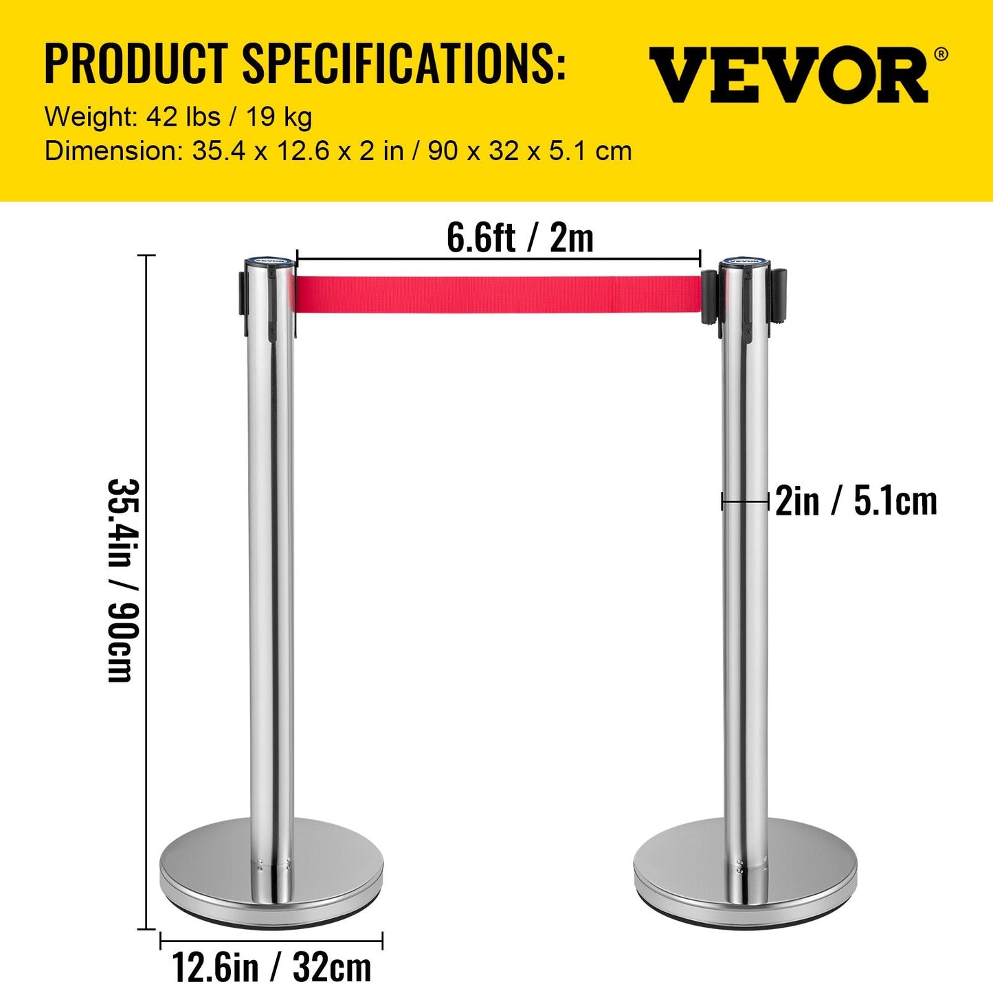 6-Piece Crowd Control Stanchion Set with 2m Red Retractable Belt, Silver
