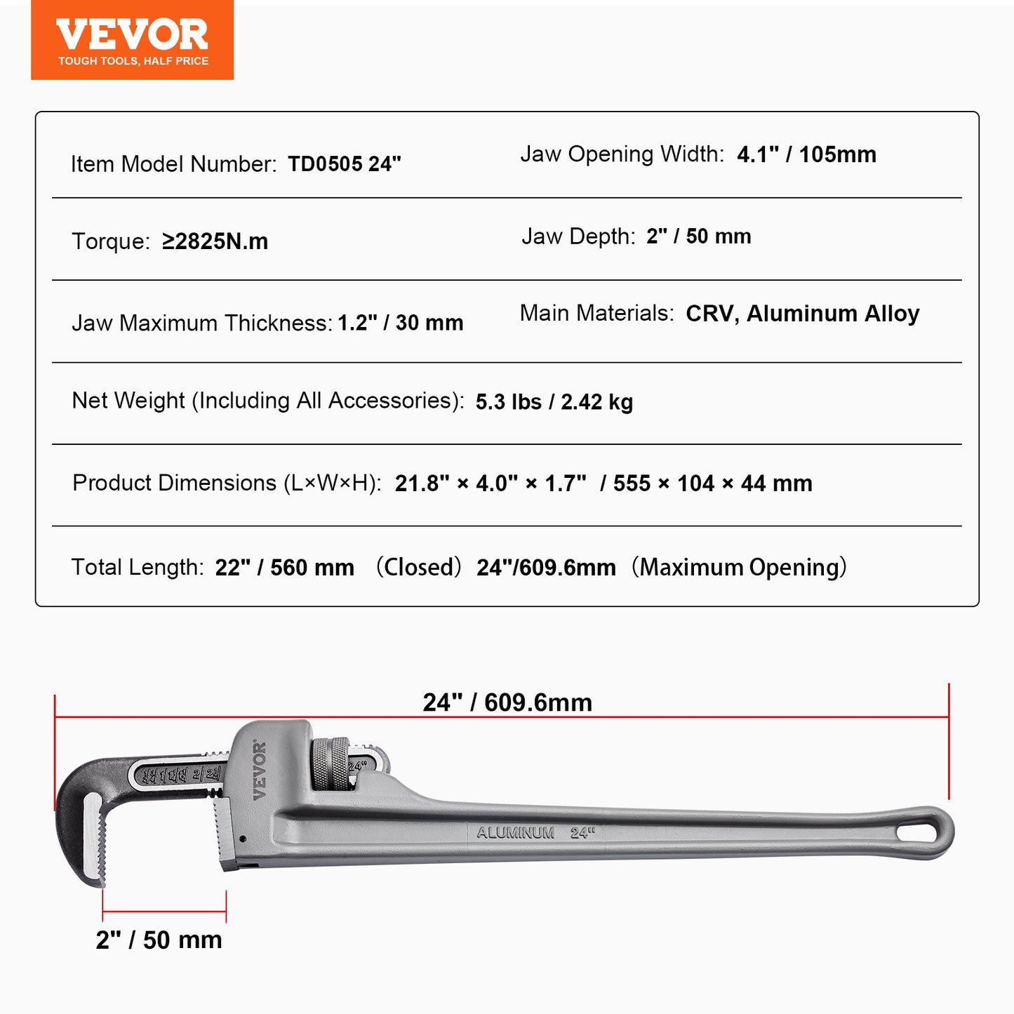 VEVOR Pipe Wrench, 24" Aluminum Straight Pipe Wrench, Adjustable Plumbing Wrench,