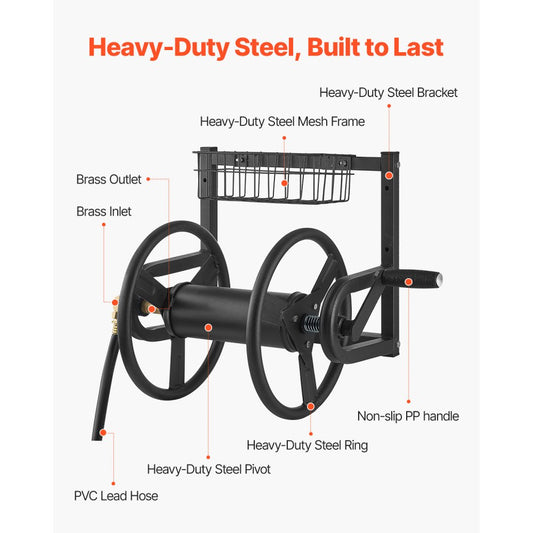 Wall Mounted Garden Hose Reel 125ft 5/8 in Metal Hose Reel with Basket
