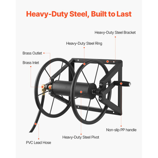 Wall Mounted Garden Hose Reel 200ft 5/8 in Hose Winder 5ft Leader Hose