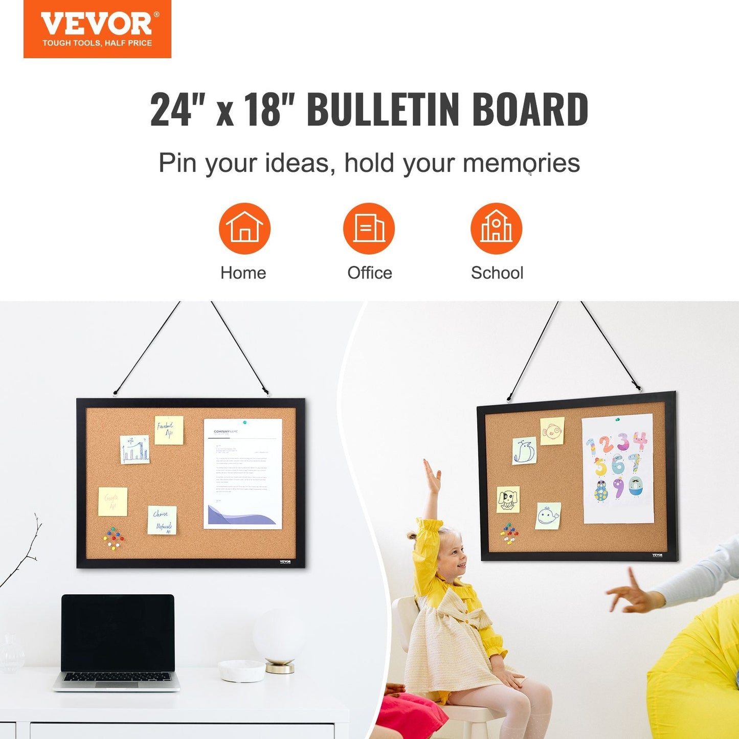 MDF Framed Cork Bulletin Board 0.61m x 0.46m, Wall Mounted, High-Density Cork
