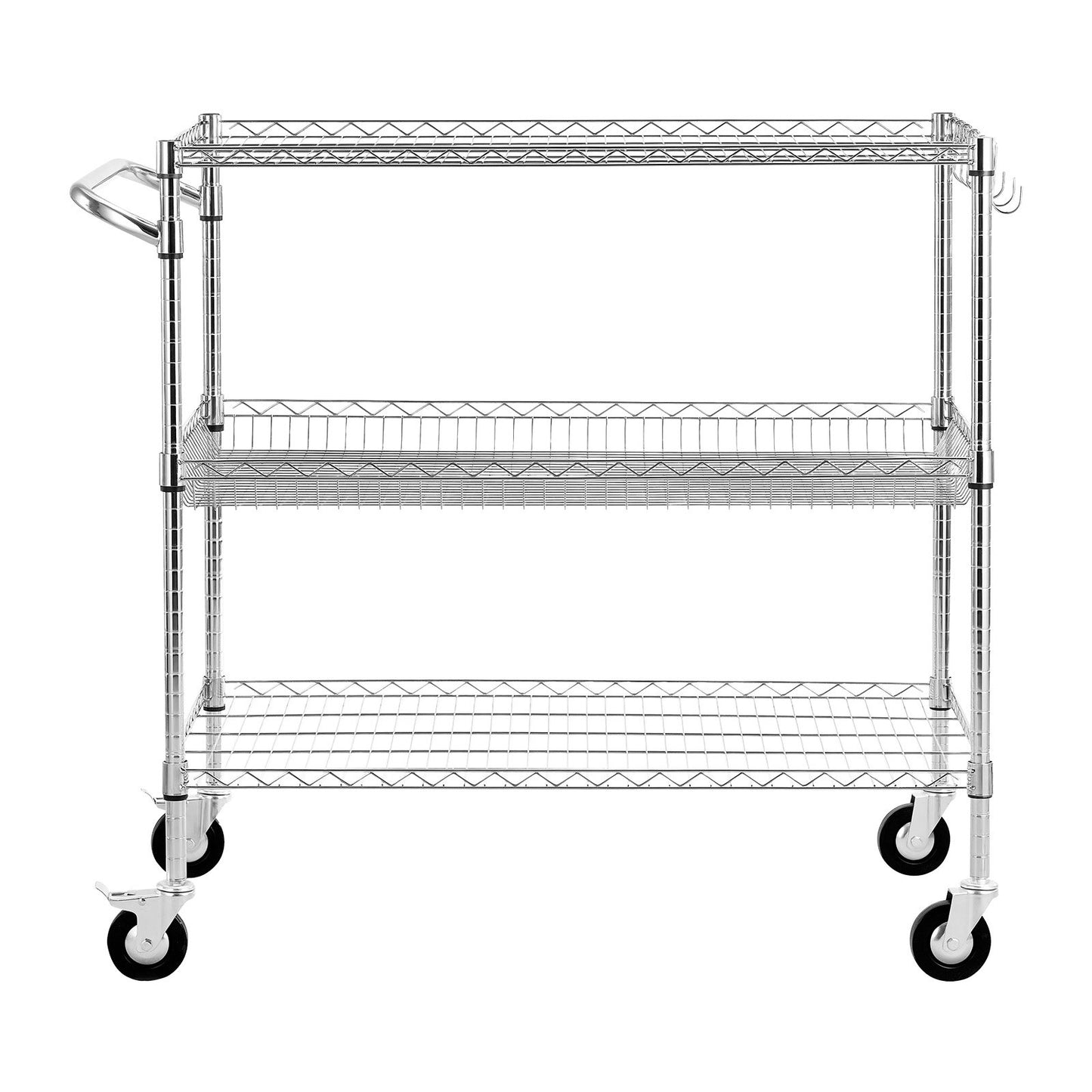 Kitchen Utility Cart, 3 Tier Heavy Duty Adjustable Wire Storage Rack, Commercial Steel Rolling Service Trolley on Wheels, Work Table with Handle Bar, for Garage and Laundry Room, 102x63x104 cm