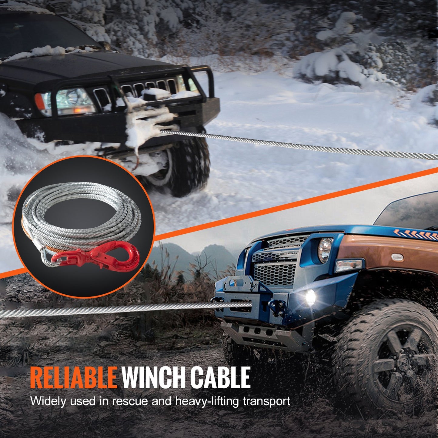 VEVOR Galvanized Steel Winch Cable, 9.5 mm x 15.2 m, 67.6 kN Breaking Strength,