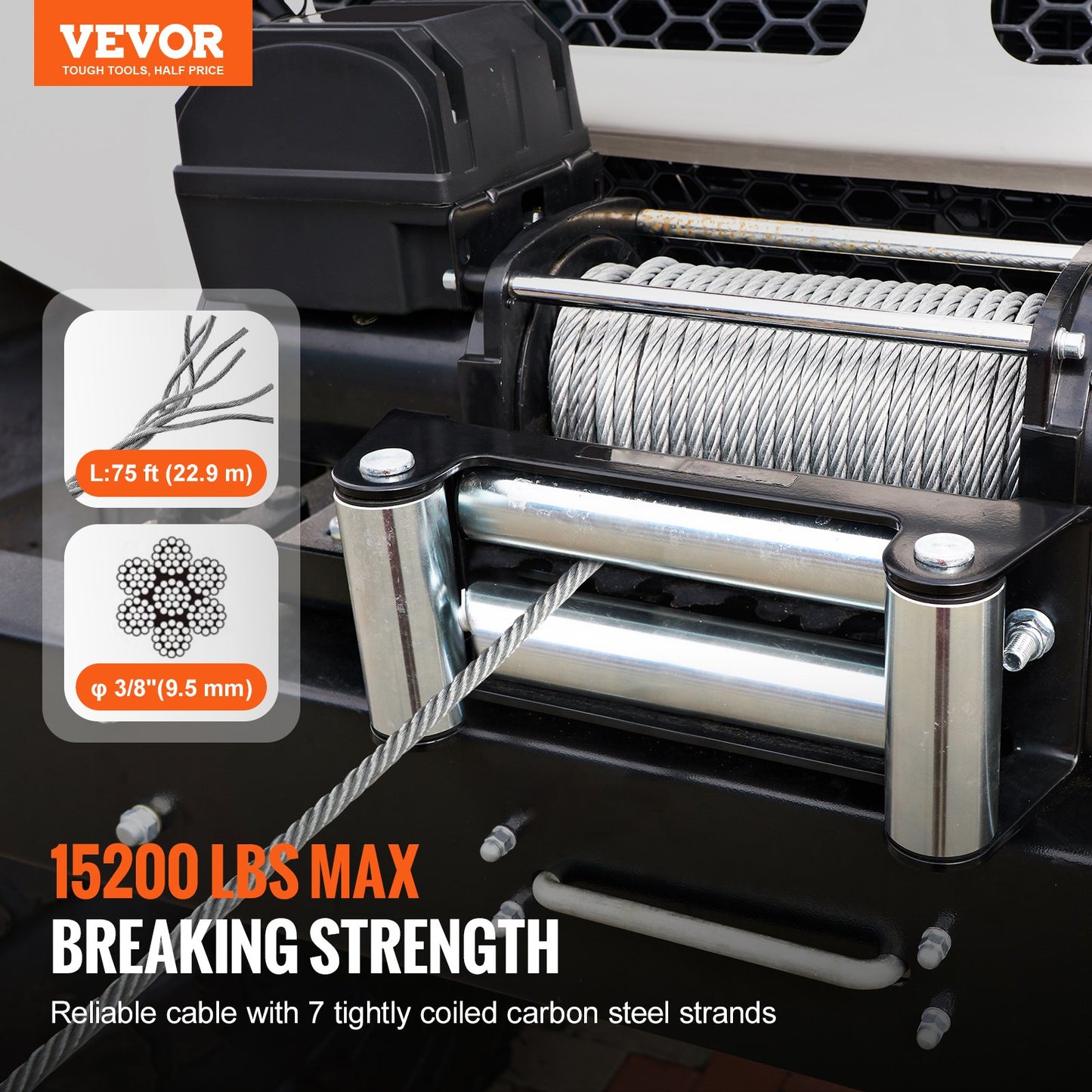 VEVOR Galvanized Steel Winch Cable, 9.5 mm x 22.9 m 67.6 kN Breaking Strength, Wire