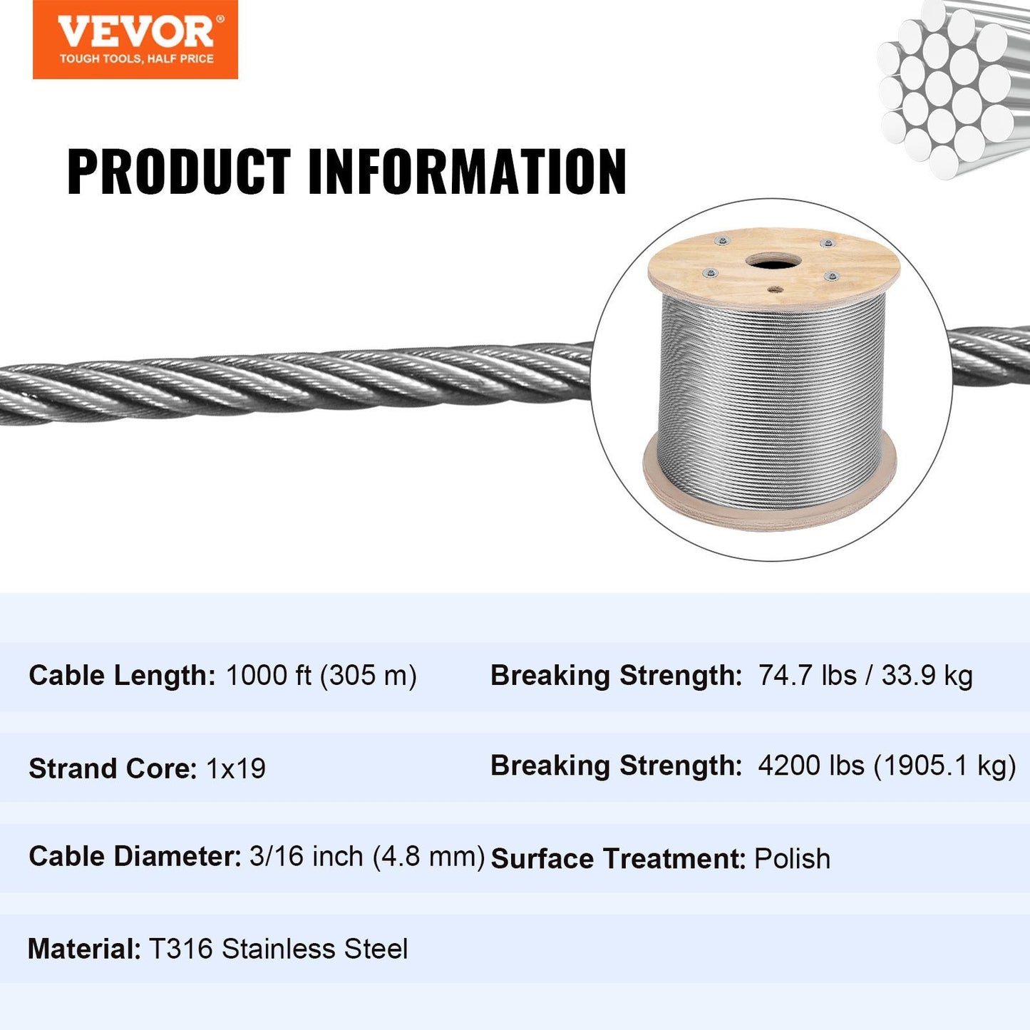 Marine Grade 316 Stainless Steel Cable - 4.8mm x 305m for Deck & Railings
