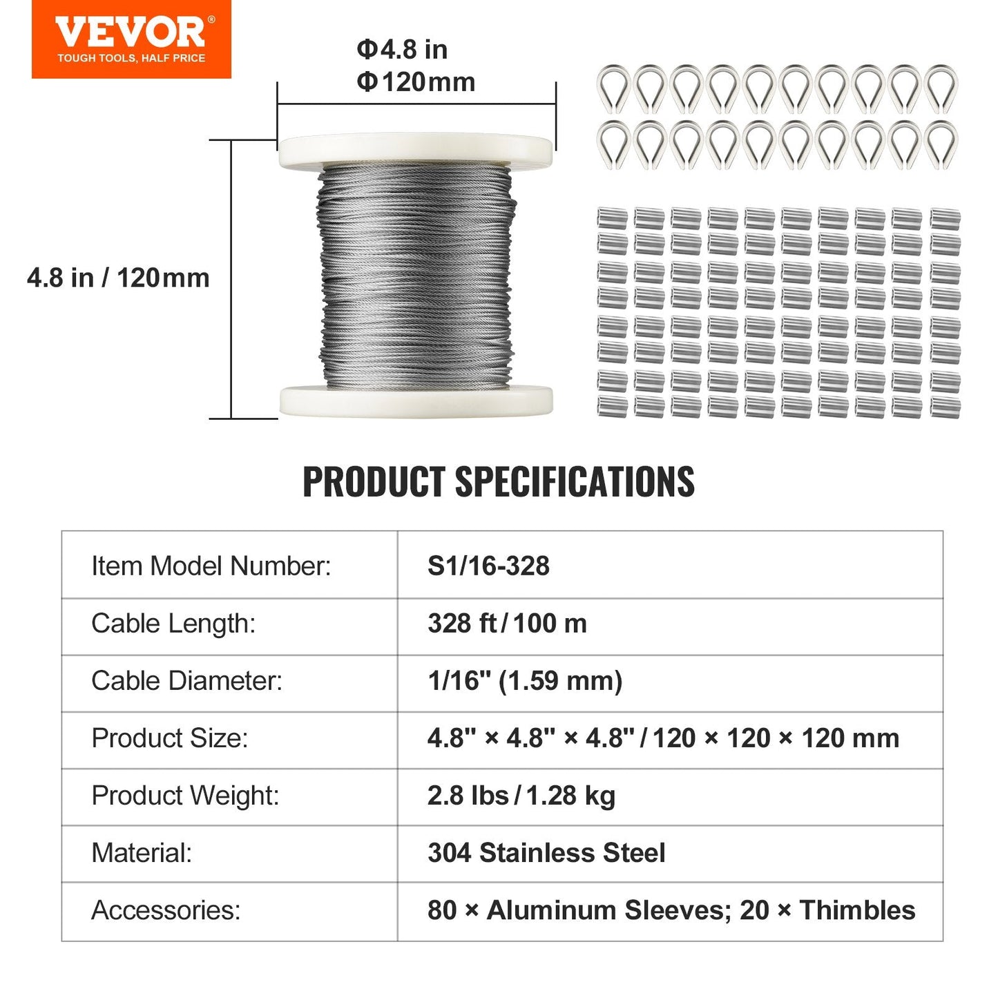 Stainless Steel Wire Rope Kit, 100m Cable with Sleeves & Thimbles, Marine Grade