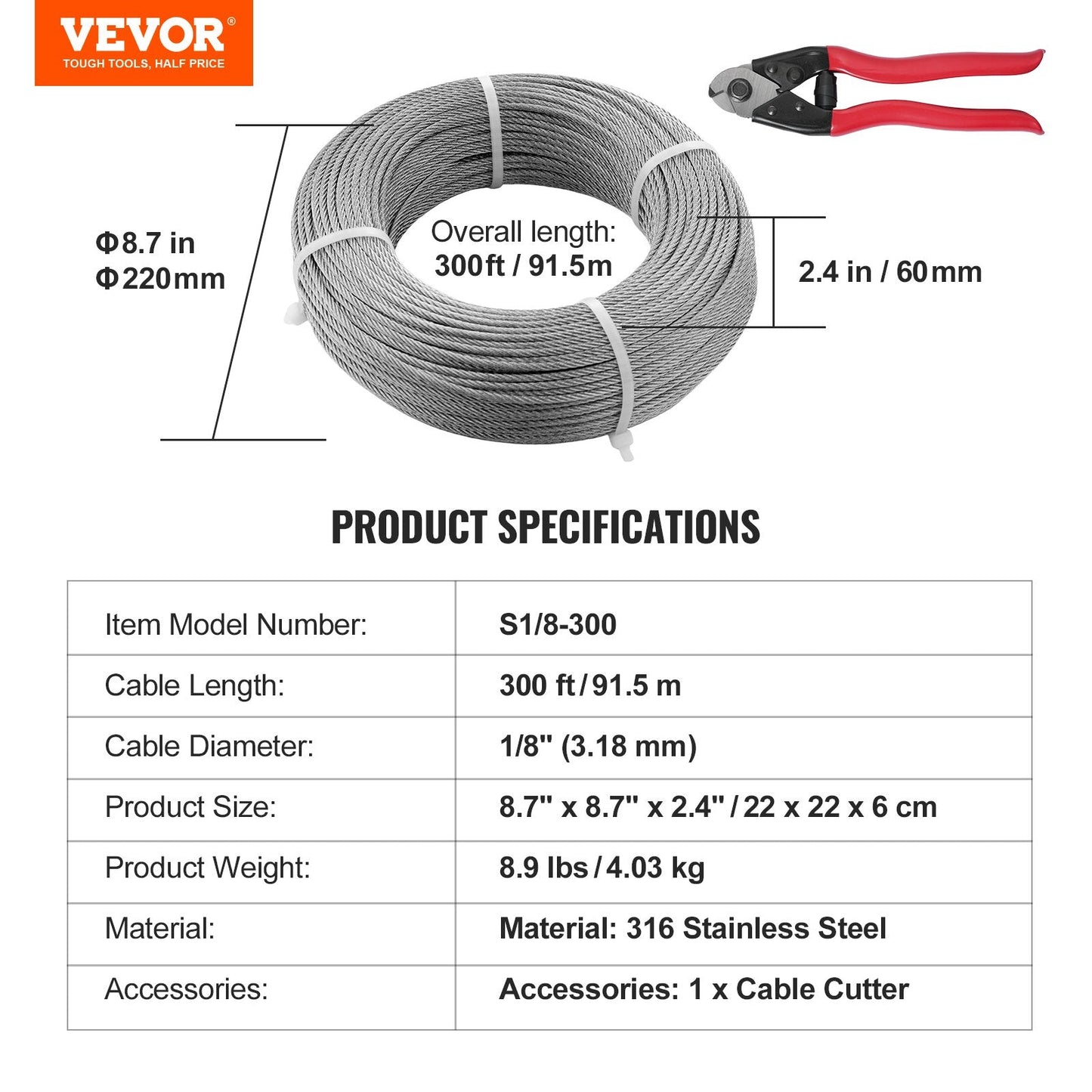 Stainless Steel 316 Wire Rope with Cutter, 91.5m for Deck Railing & Fencing