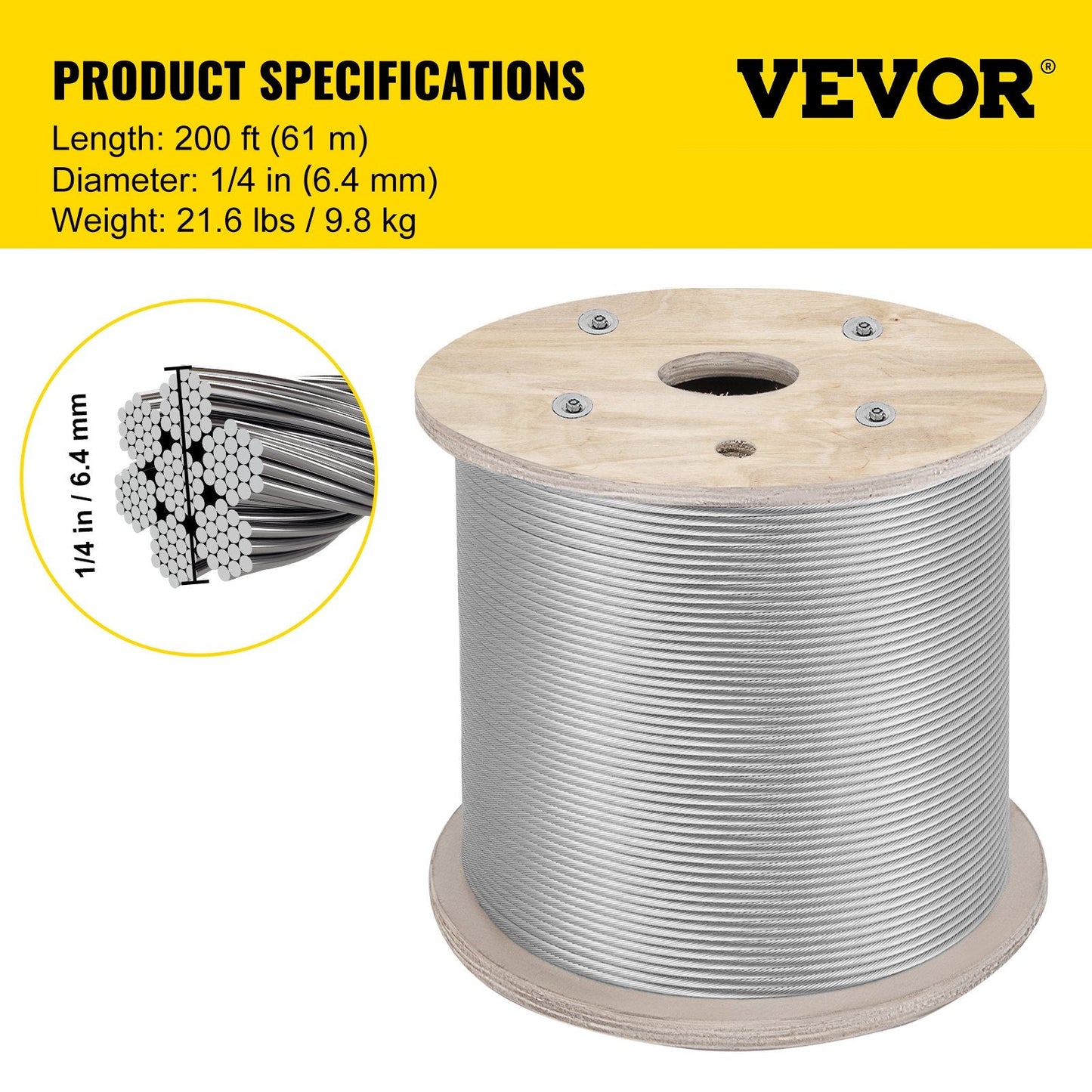 6.4 mm Stainless Steel Wire Rope 61 m Marine Grade, 7x19 Construction