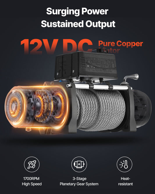 Electric Winch, 5400 kg Load Capacity, 12V DC Truck Winch with Φ9.1 mm x 26 m Steel Rope, Wireless & Wired Remote Control, Suitable for Towing SUV Jeep Trailer Boat Off-Road Vehicle