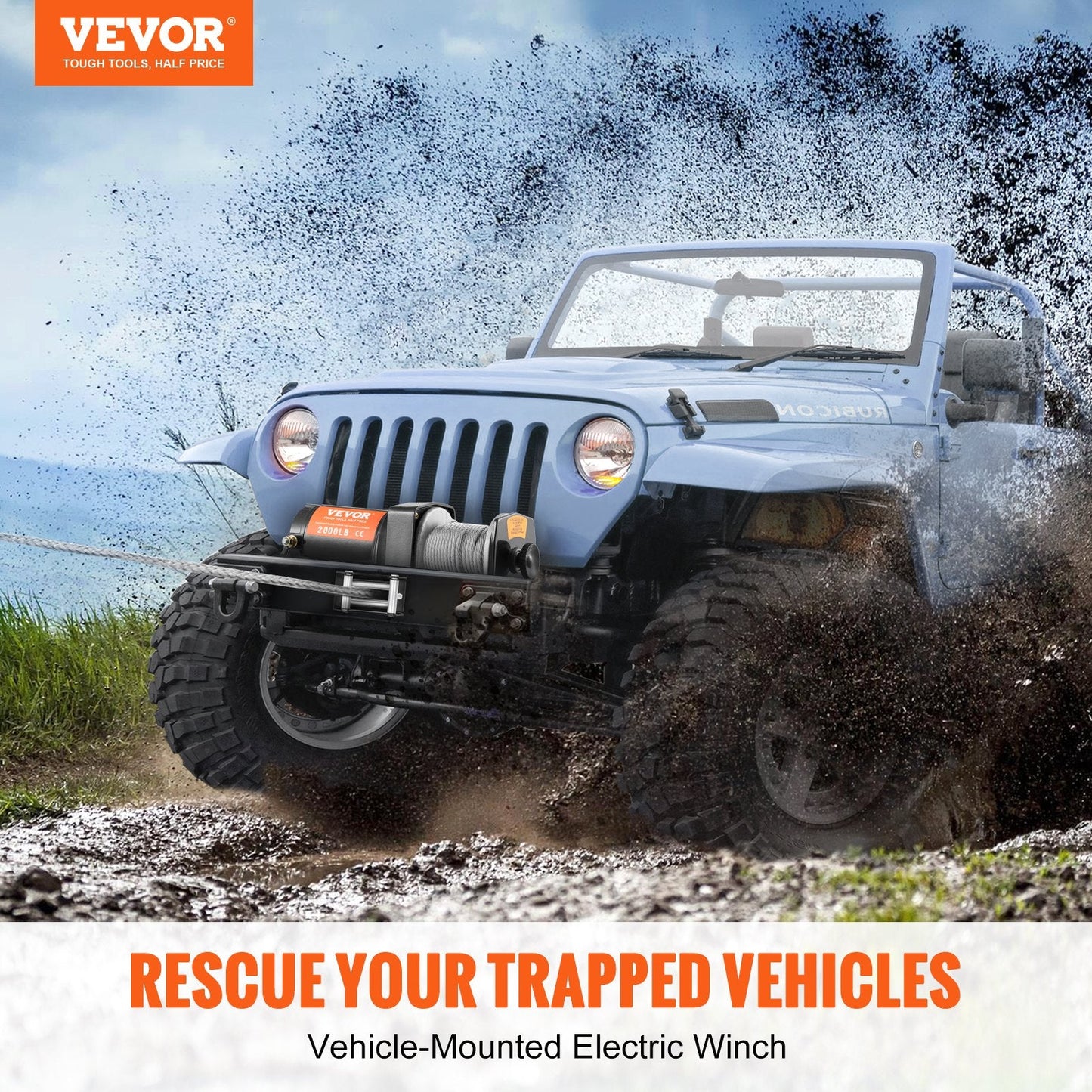 Electric Winch, 907 kg Load, 0.4 cm x 12 m Rope, IP55, Remote Control, Off-Road Use