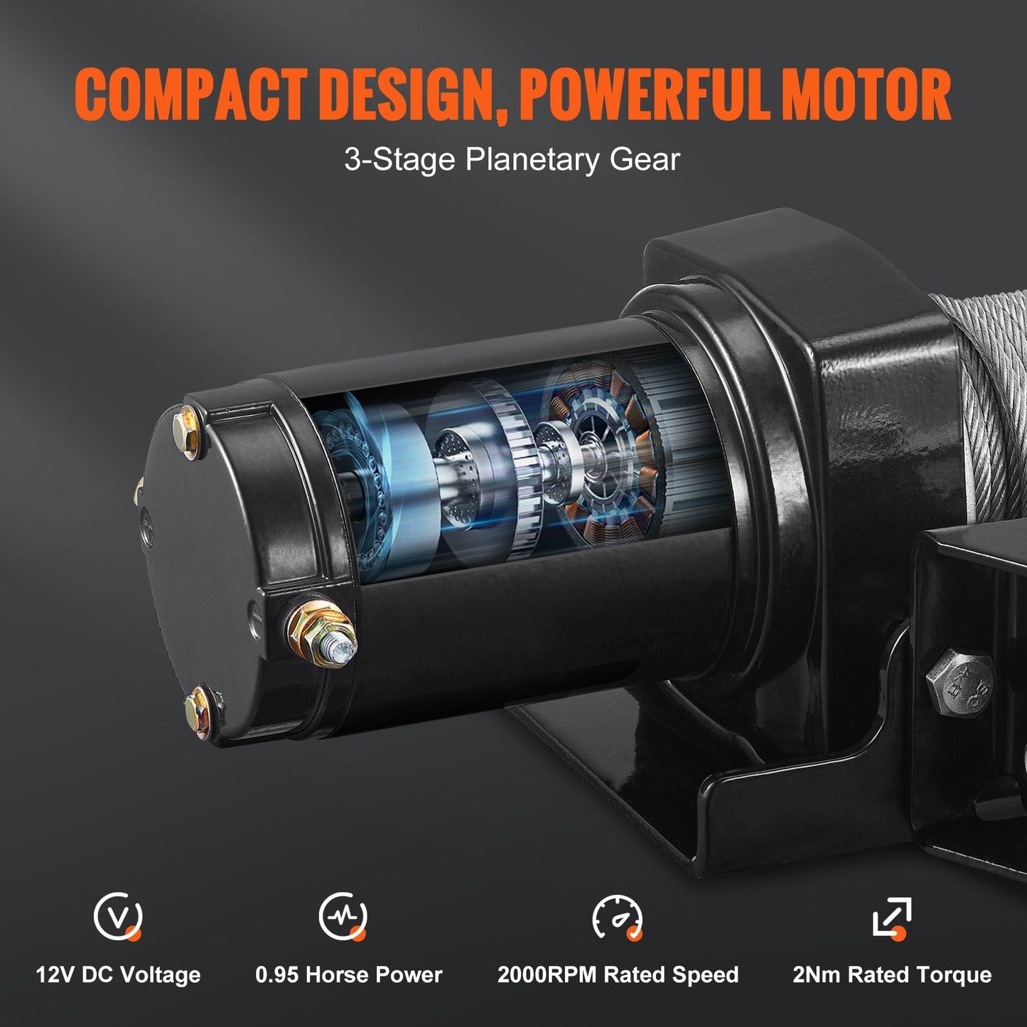 Electric Winch, 907 kg Load, 0.4 cm x 12 m Rope, IP55, Remote Control, Off-Road Use