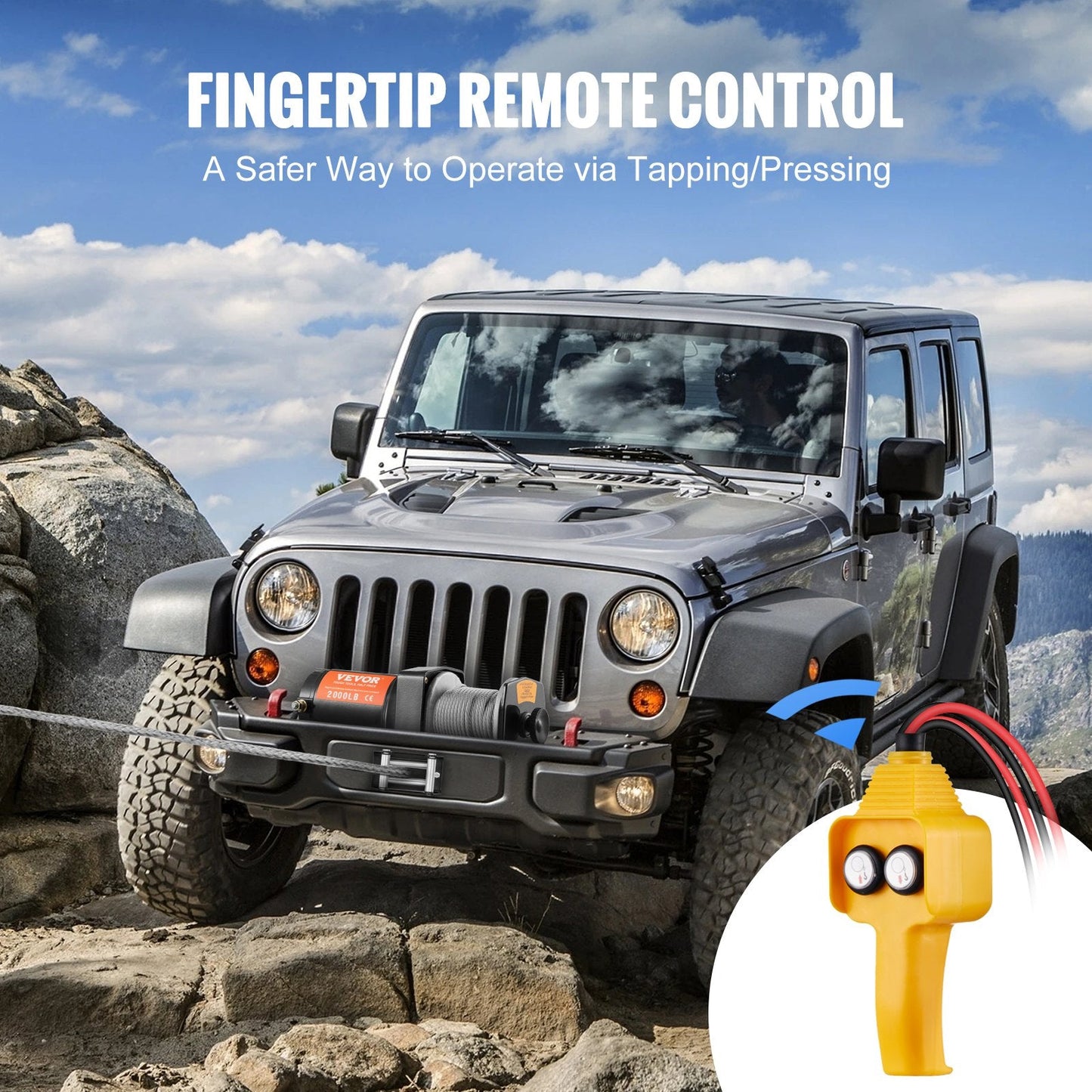 Electric Winch, 907 kg Load, 0.4 cm x 12 m Rope, IP55, Remote Control, Off-Road Use