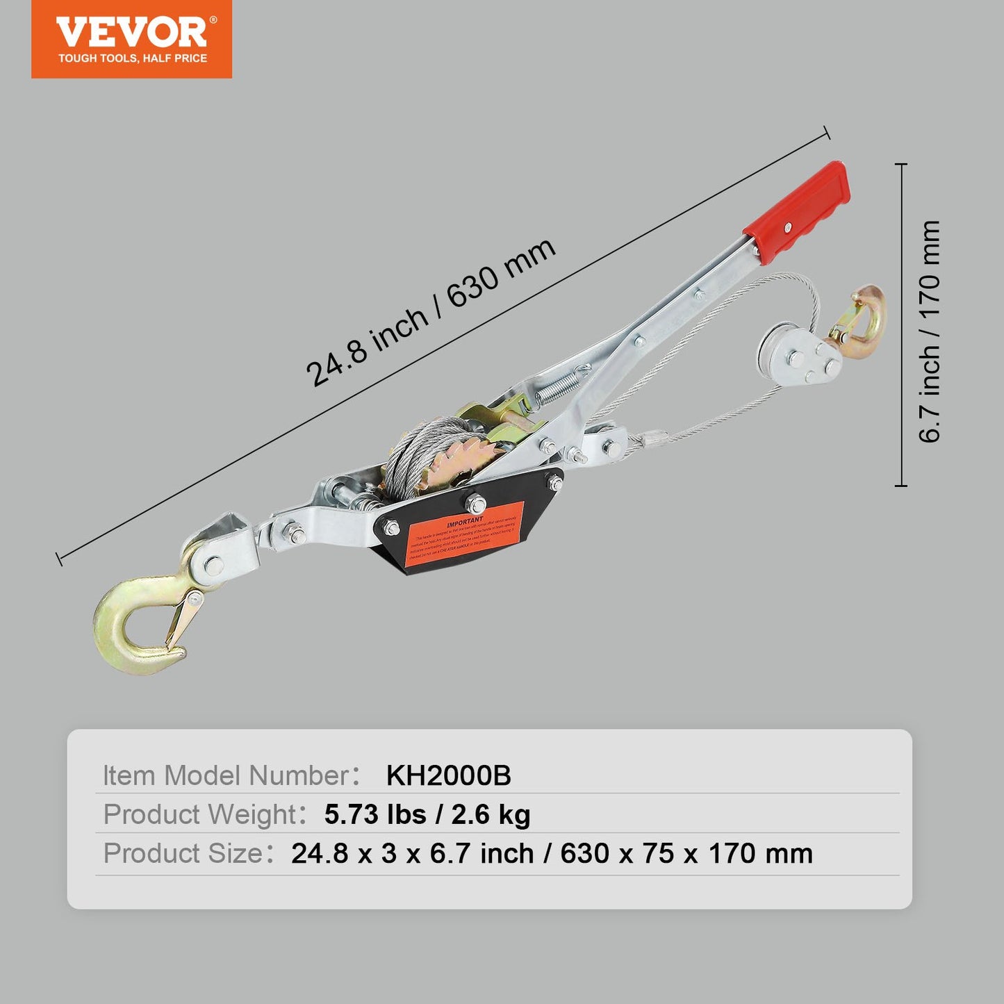 VEVOR Come Along Winch, 2 Ton (4,409 lbs) Pulling Capacity, 12 ft Steel Cable, 2