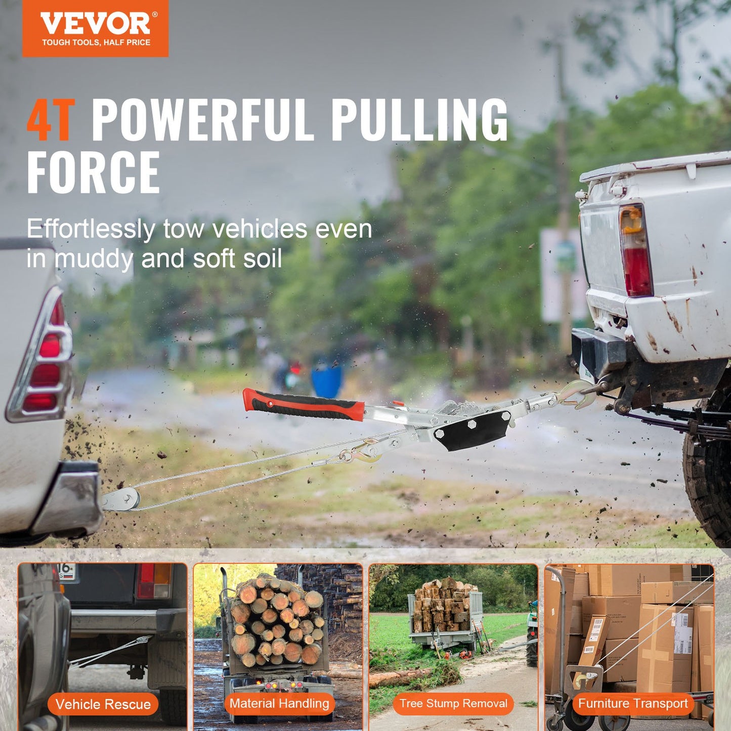 VEVOR Come Along Winch, 4 Ton (8,818 lbs) Pulling Capacity, 10 ft Steel Cable, 3