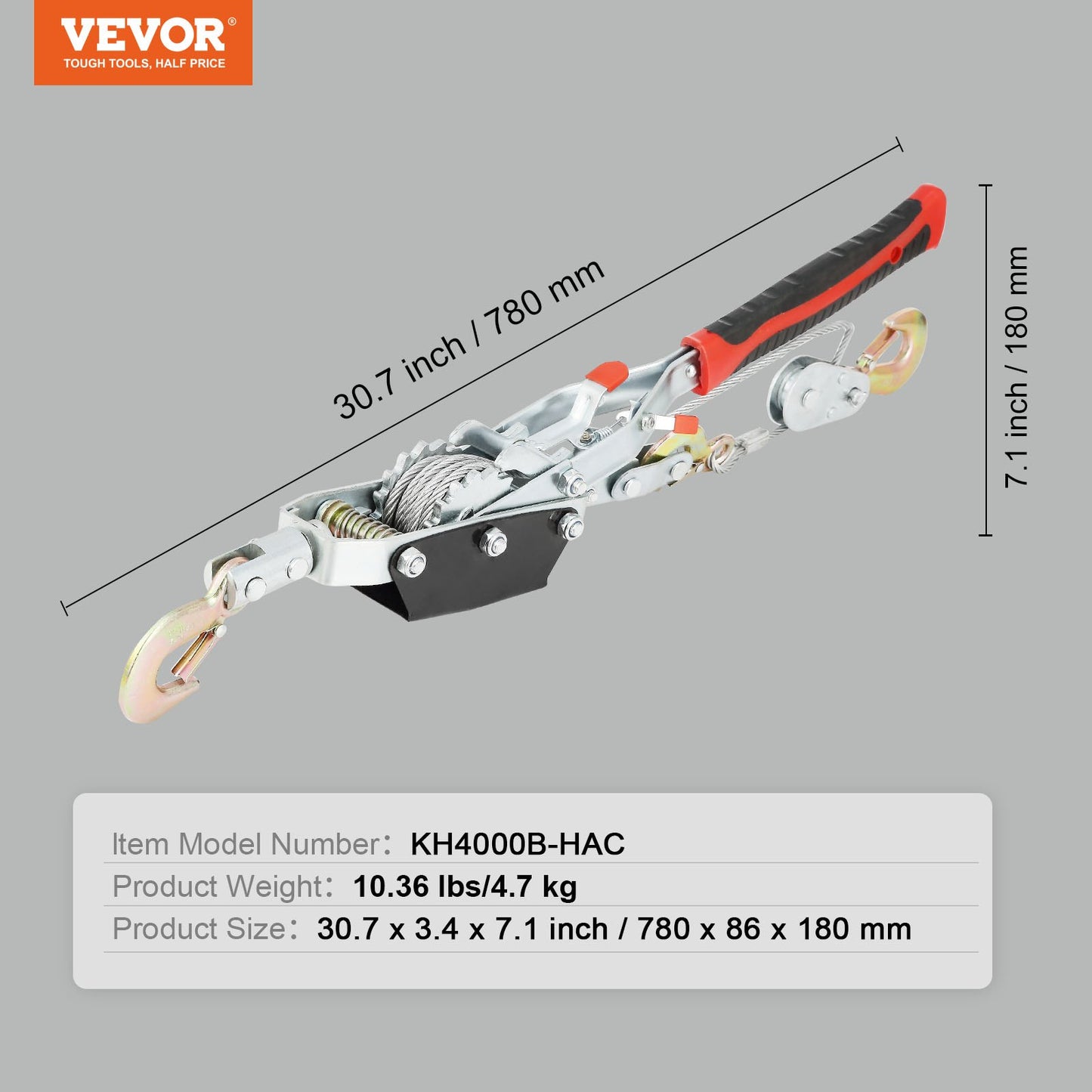 VEVOR Come Along Winch, 4 Ton (8,818 lbs) Pulling Capacity, 10 ft Steel Cable, 3