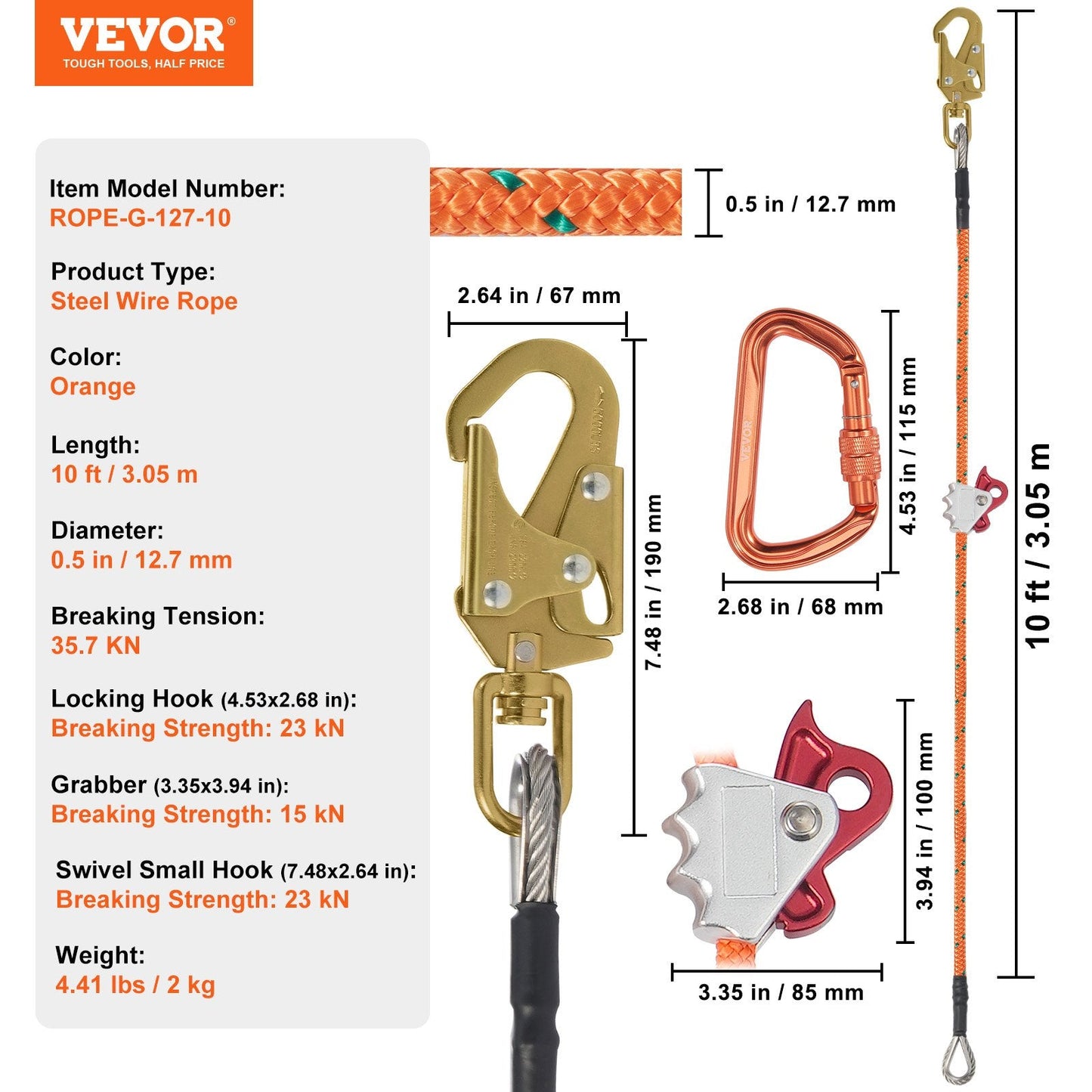 12.7mm Steel Core Flipline 3m with Carabiner & Snap Hooks for Arborist Safety