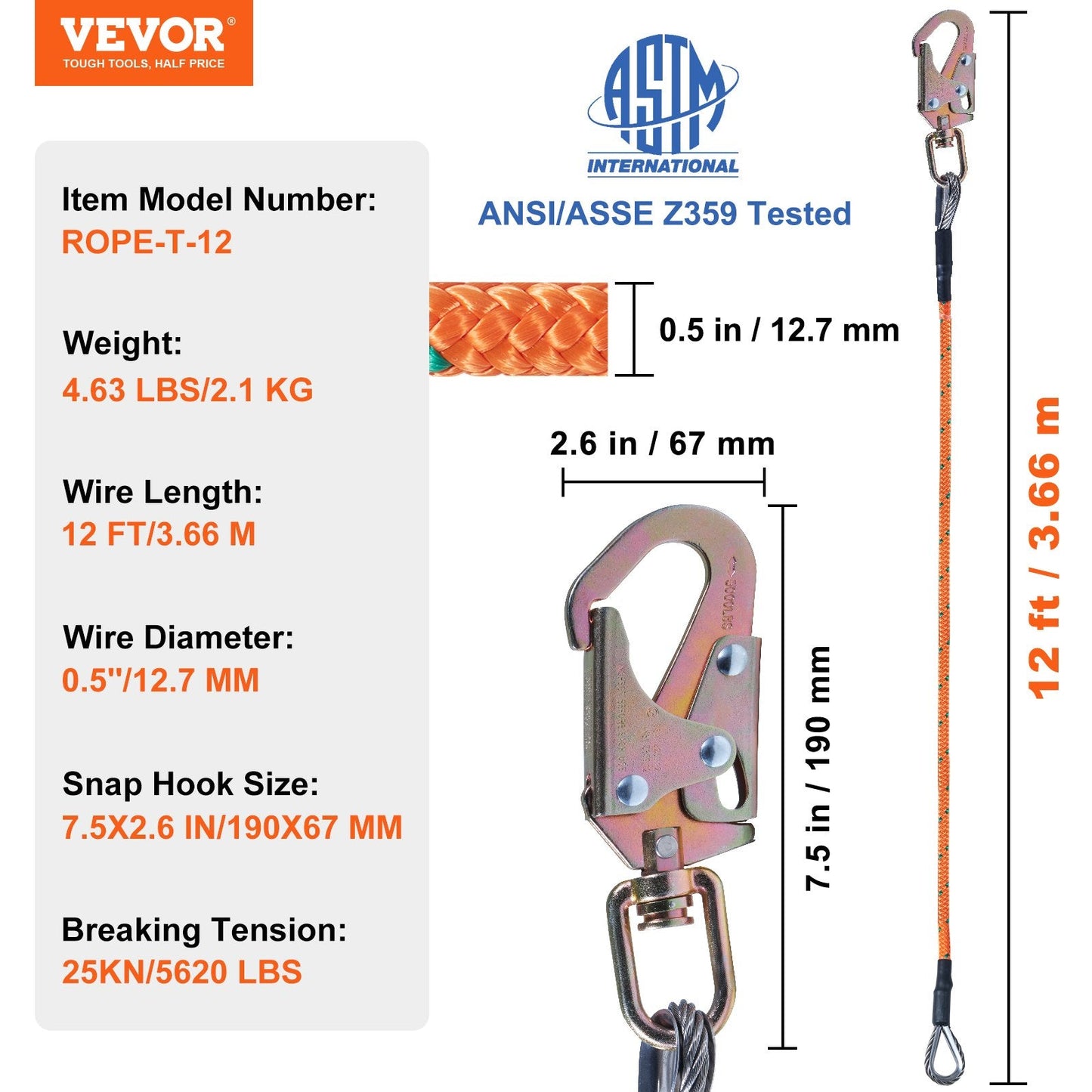 Steel Core Arborist Flipline with Snap Hook & Carabiner, 3.66m for Tree Climbing