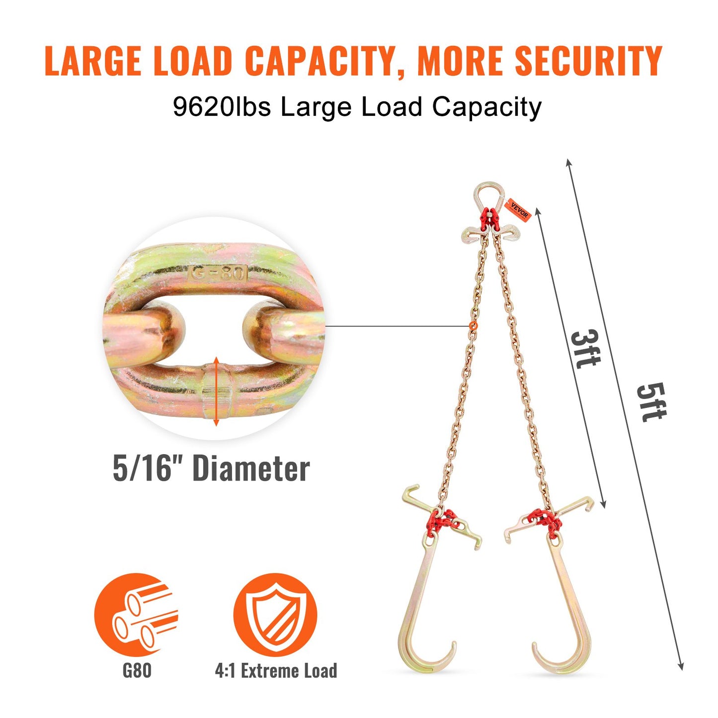 VEVOR V-Chain Bridle, 4364 kg Working Load Limit, 8 x 914.4 mm G80 Tow Chain with