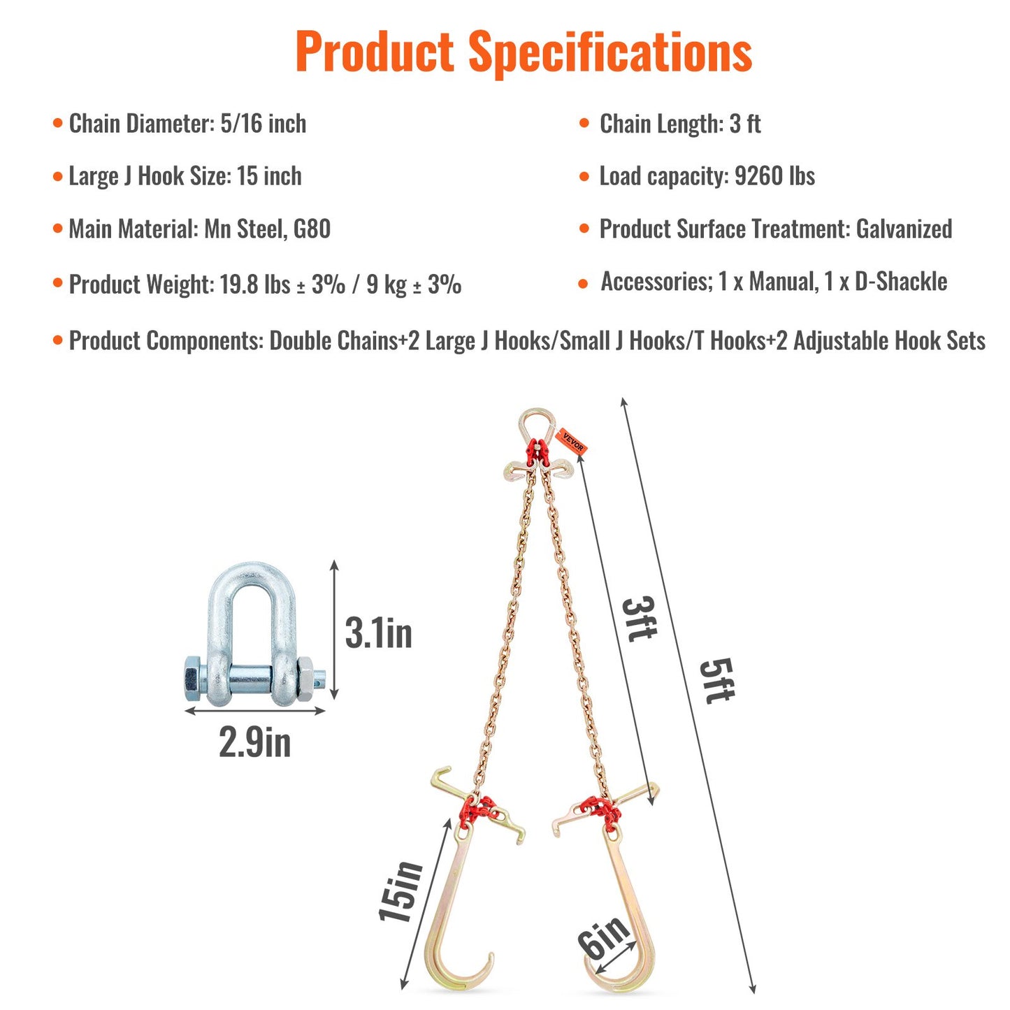 VEVOR V-Chain Bridle, 4364 kg Working Load Limit, 8 x 914.4 mm G80 Tow Chain with
