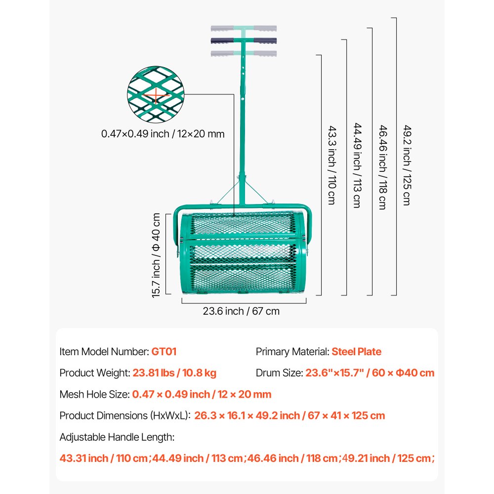 Compost Spreader 24 in Peat Moss Spreader Roller Push/Tow Handle for Yard