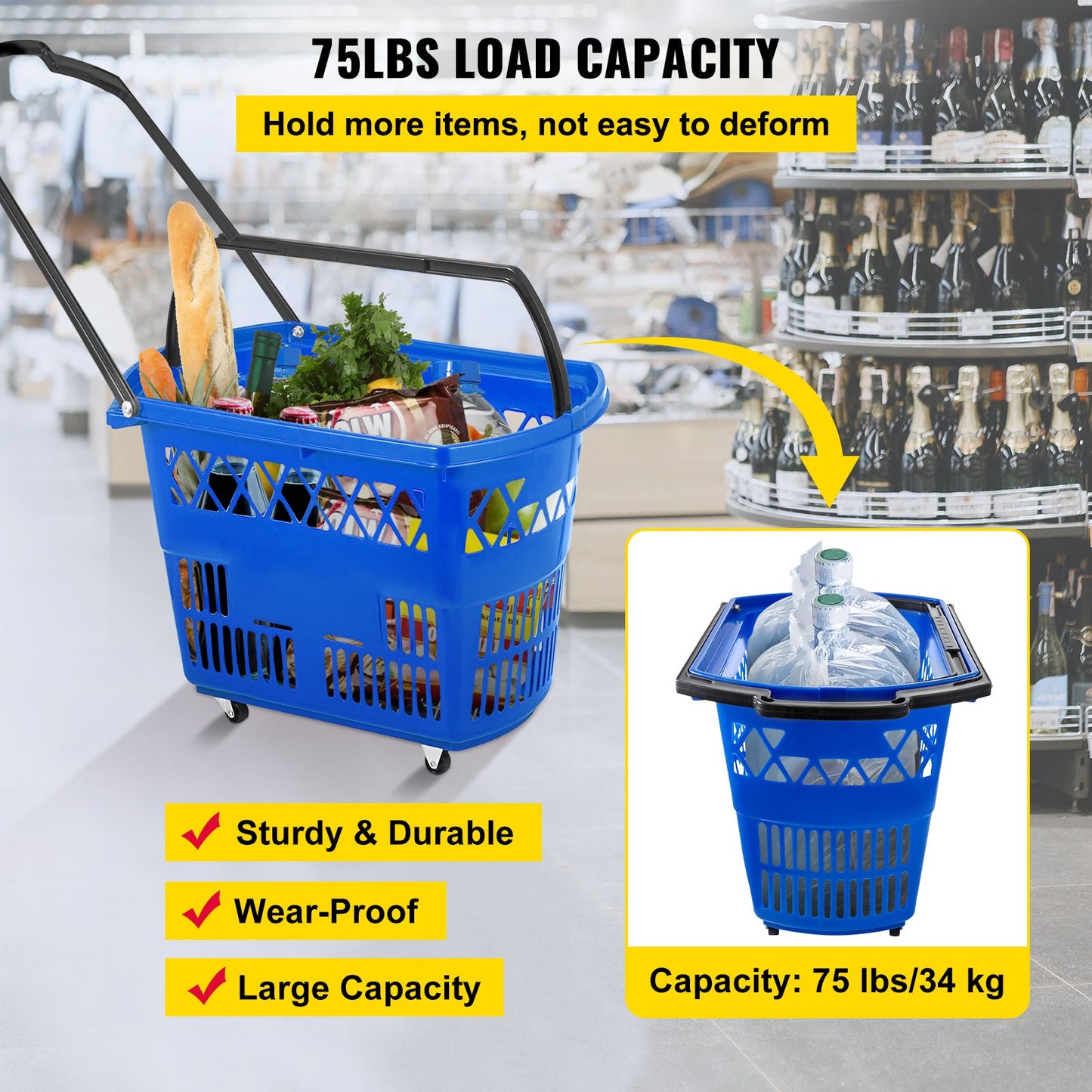 VEVOR Shopping Basket with Handle on Castors- Blue Pack of 6