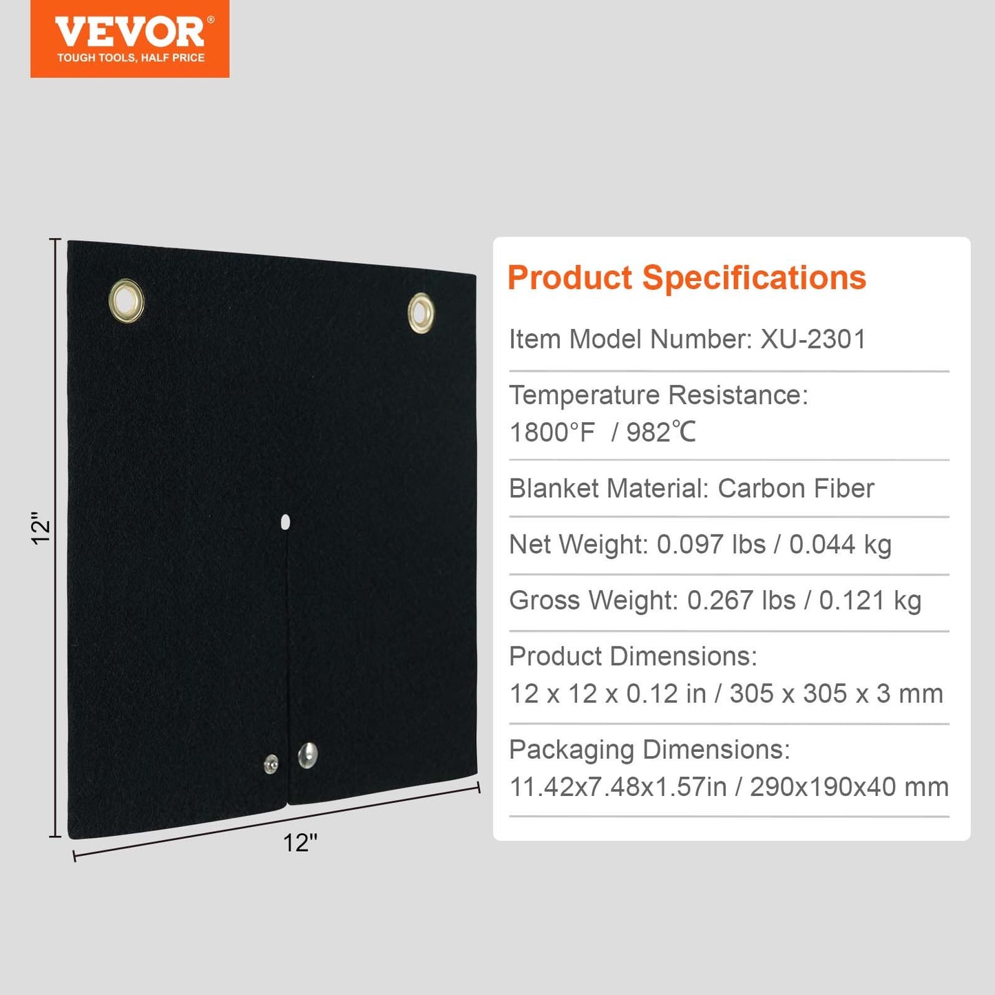 VEVOR Welding Blanket, 12" x 12" Carbon Fiber Heat Shield Welding Mat, Up To 1800°F