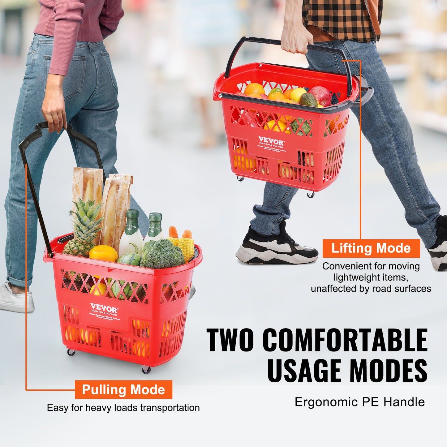 VEVOR Plastic Rolling Shopping Trolley Basket On Wheels 6PCS 39L with Handle Red
