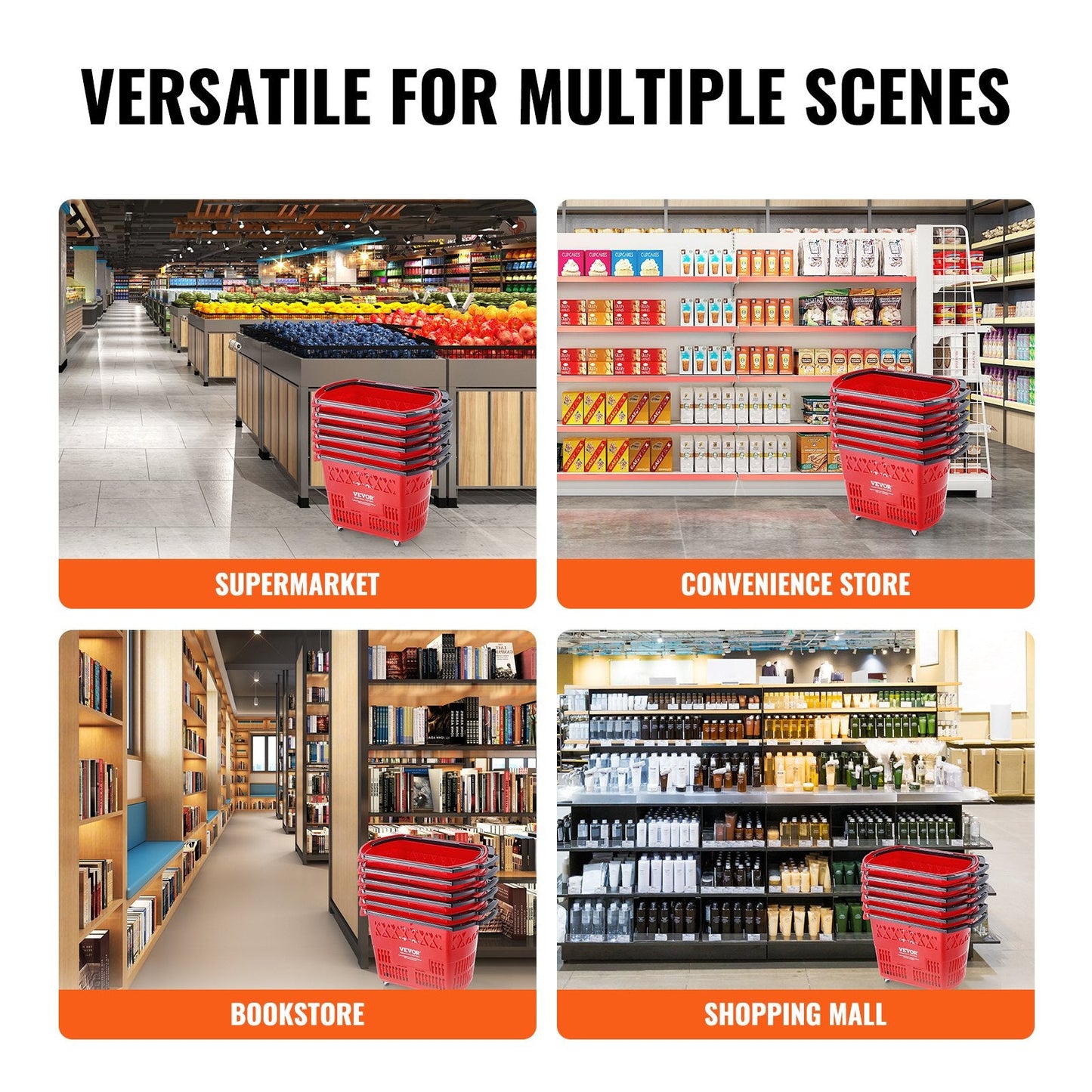 Set of 6 Red Rolling Shopping Trolleys with Handle, 39L Capacity, 34 kg Load