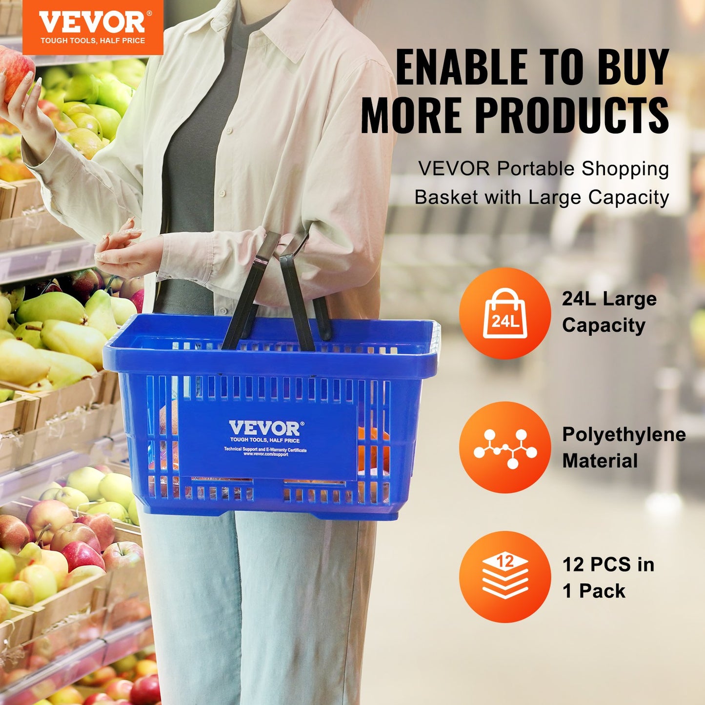 VEVOR Shopping Basket, Set of 12, 24L Durable Plastic Grocery Basket with Handle