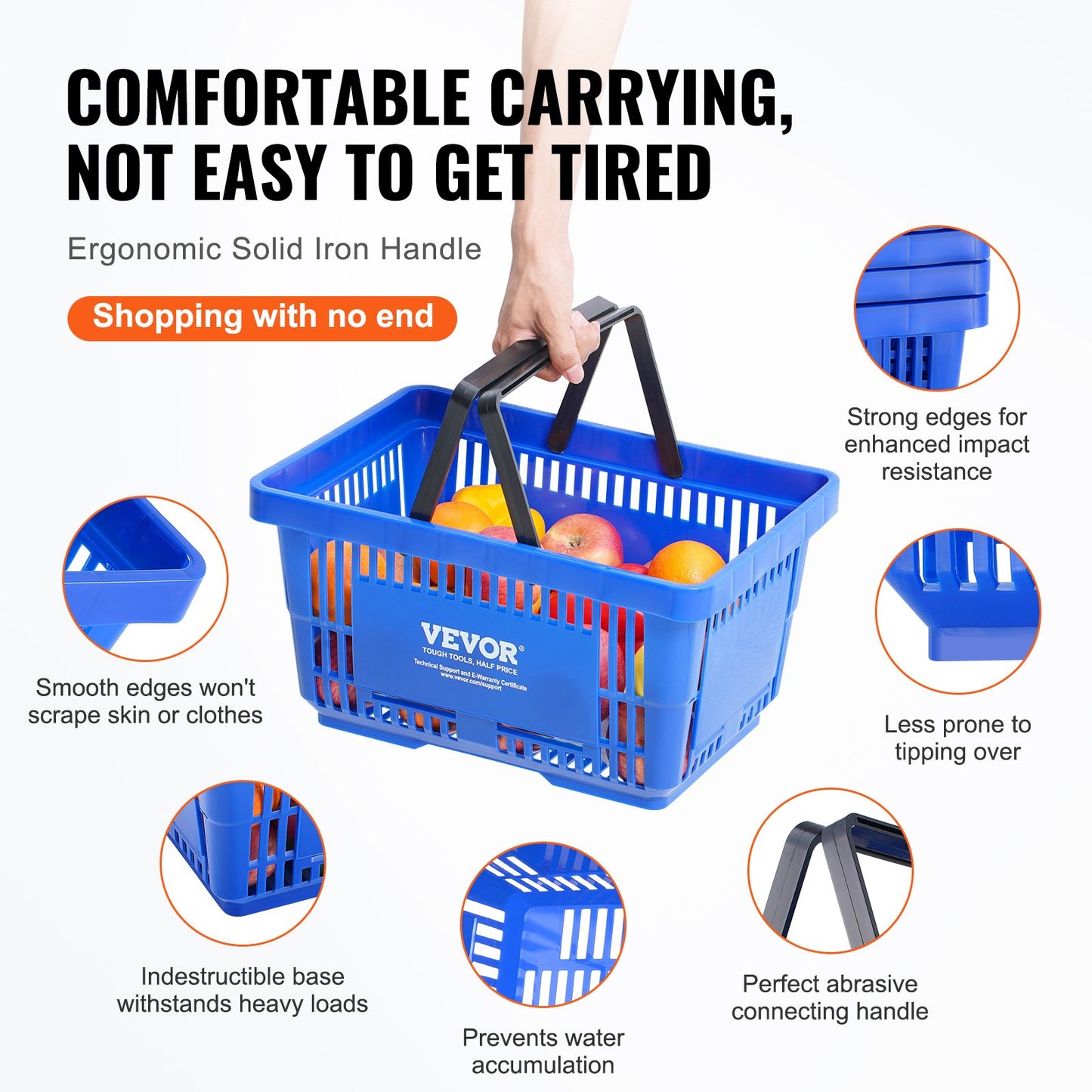 VEVOR Shopping Basket, Set of 12, 24L Durable Plastic Grocery Basket with Handle