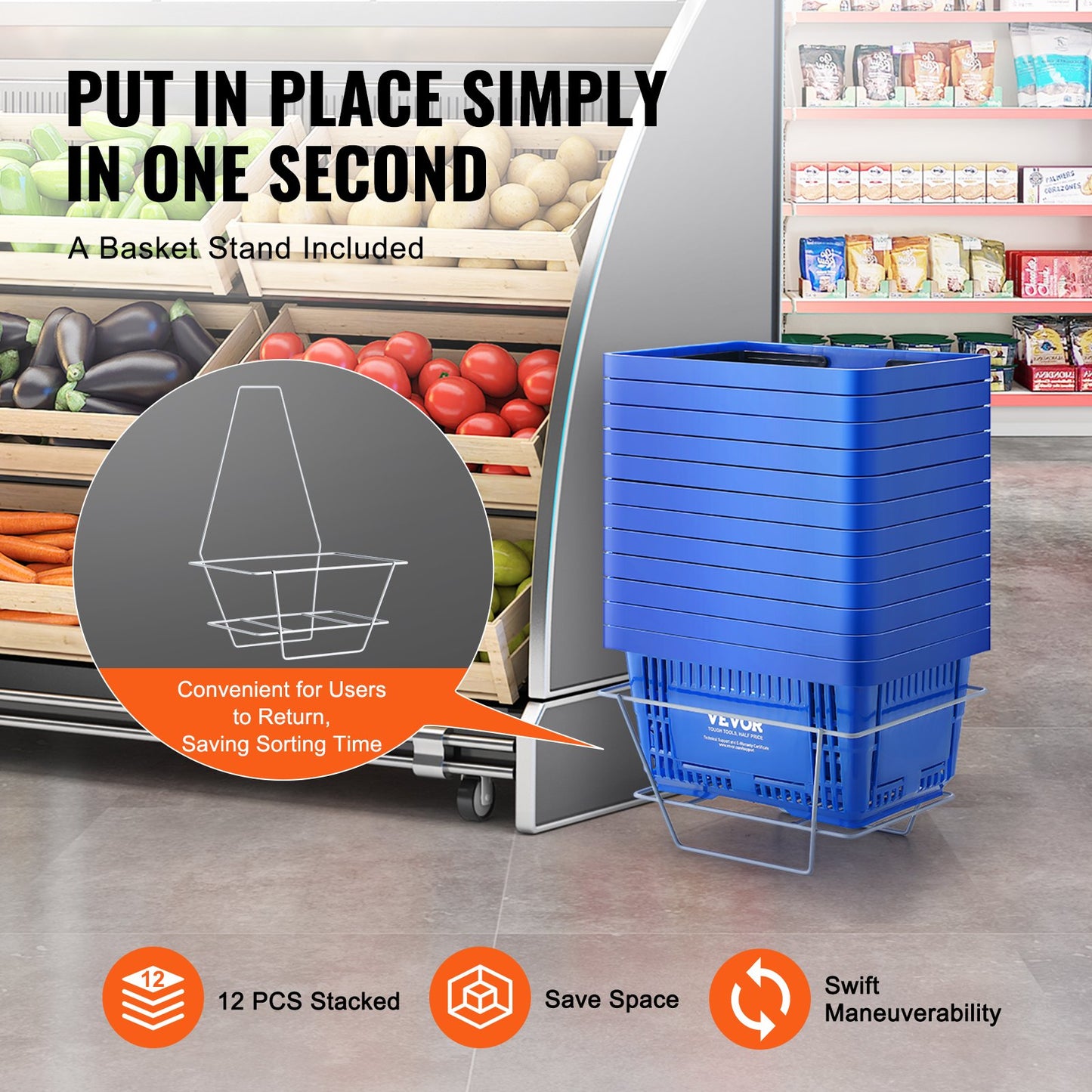 VEVOR Shopping Basket, Set of 12, 24L Durable Plastic Grocery Basket with Handle