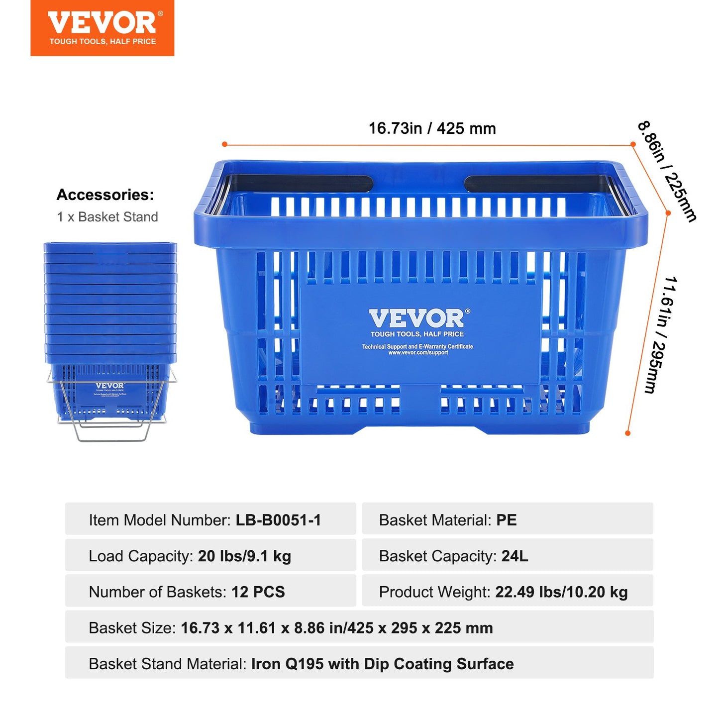 VEVOR Shopping Basket, Set of 12, 24L Durable Plastic Grocery Basket with Handle