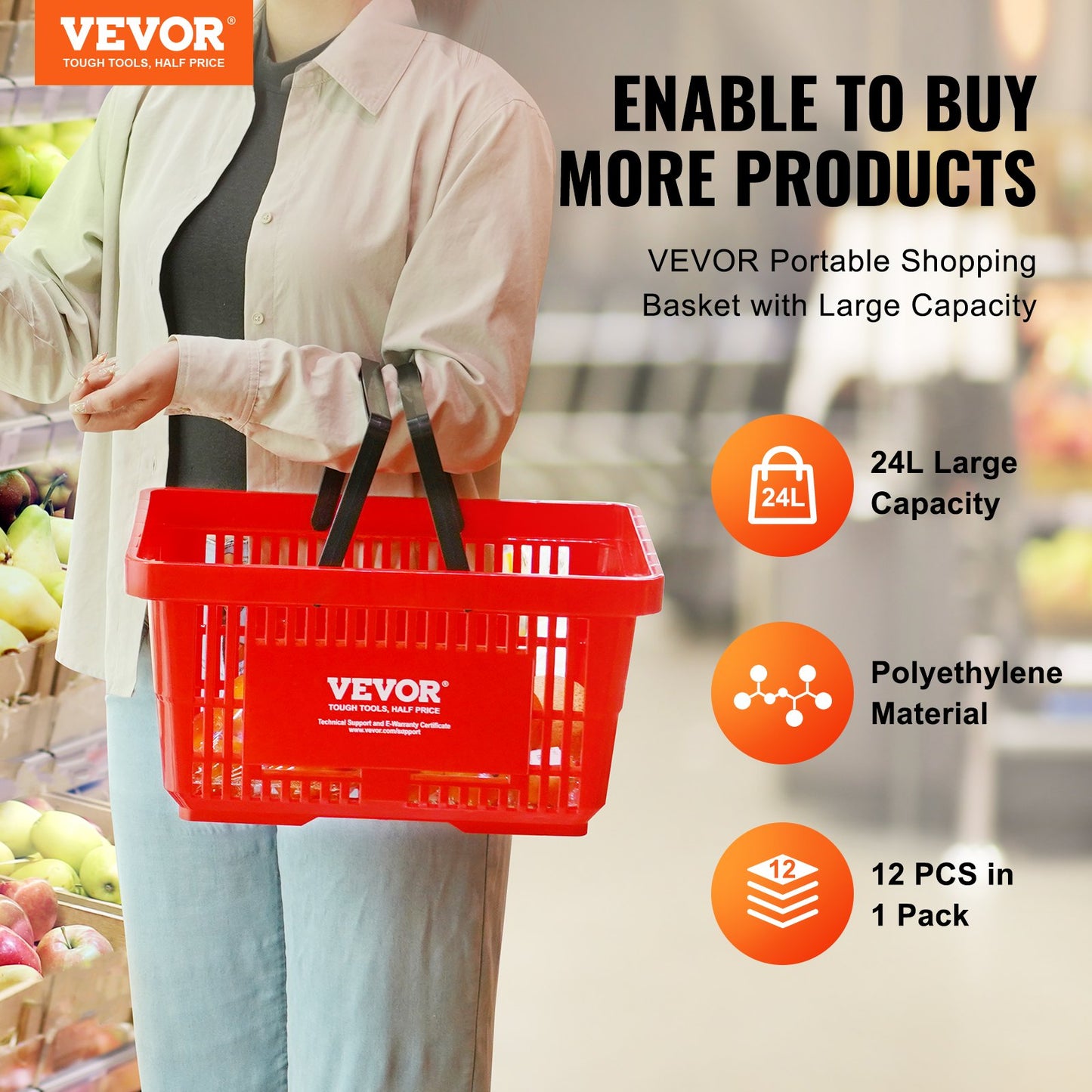 VEVOR Shopping Basket, Set of 12, 24L Durable Plastic Grocery Basket with Handle