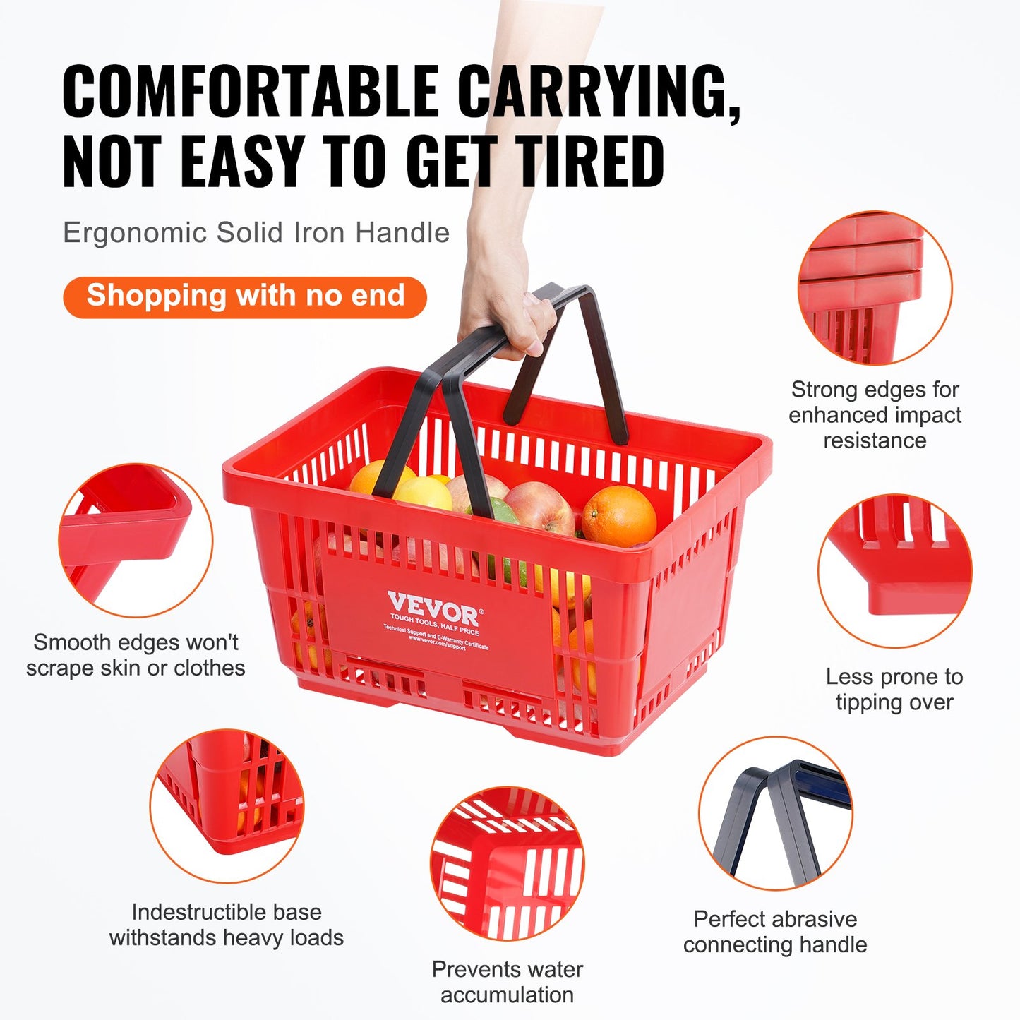 VEVOR Shopping Basket, Set of 12, 24L Durable Plastic Grocery Basket with Handle
