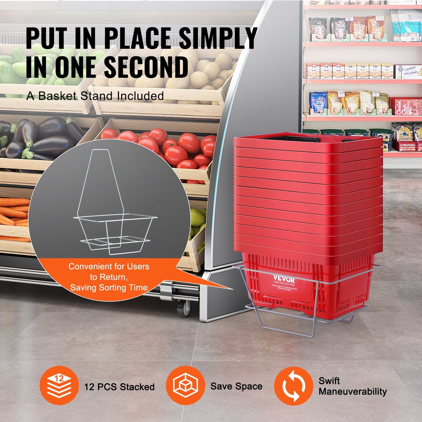 VEVOR Shopping Basket, Set of 12, 24L Durable Plastic Grocery Basket with Handle