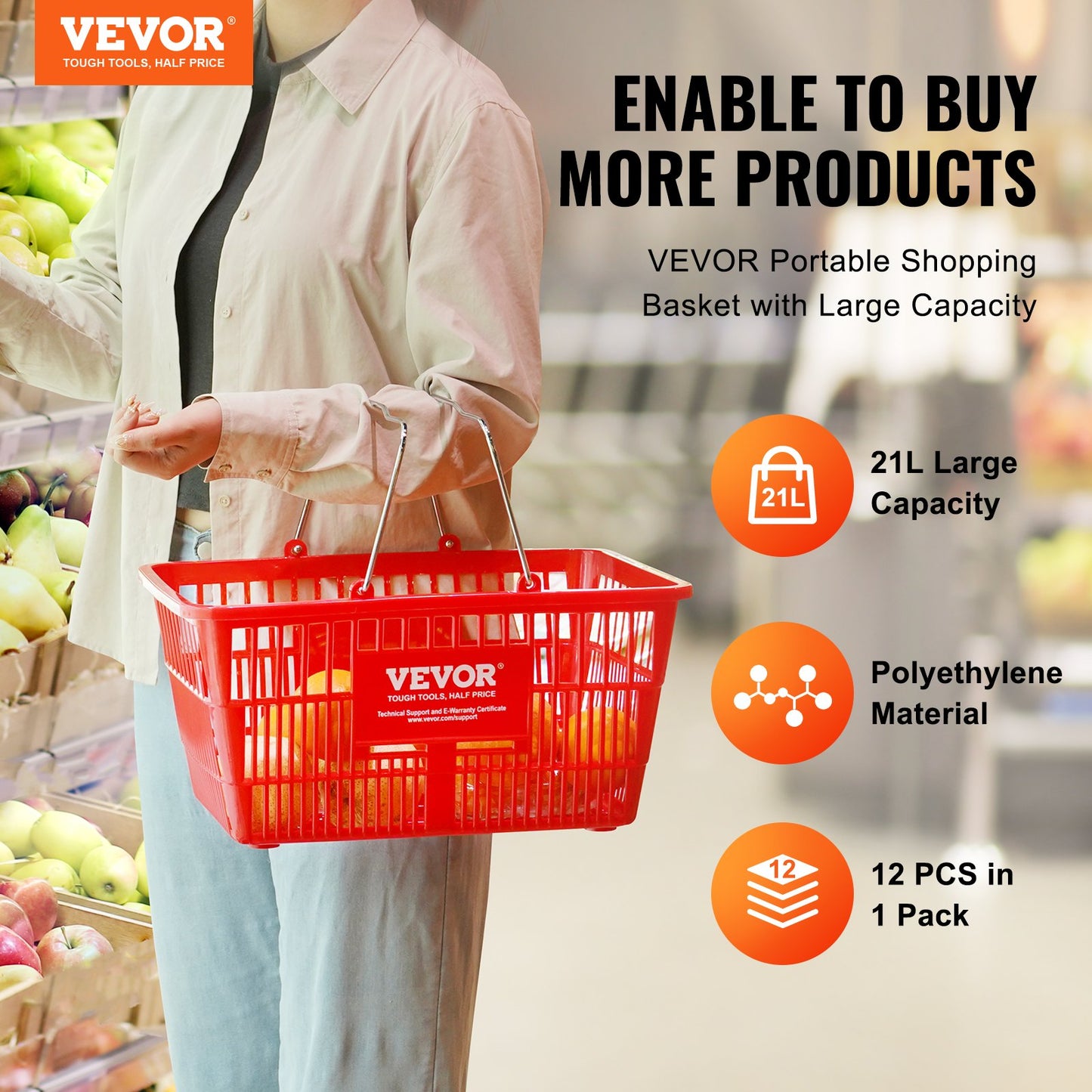VEVOR Shopping Basket, Set of 12, 21L Durable Plastic Grocery Basket with Metal