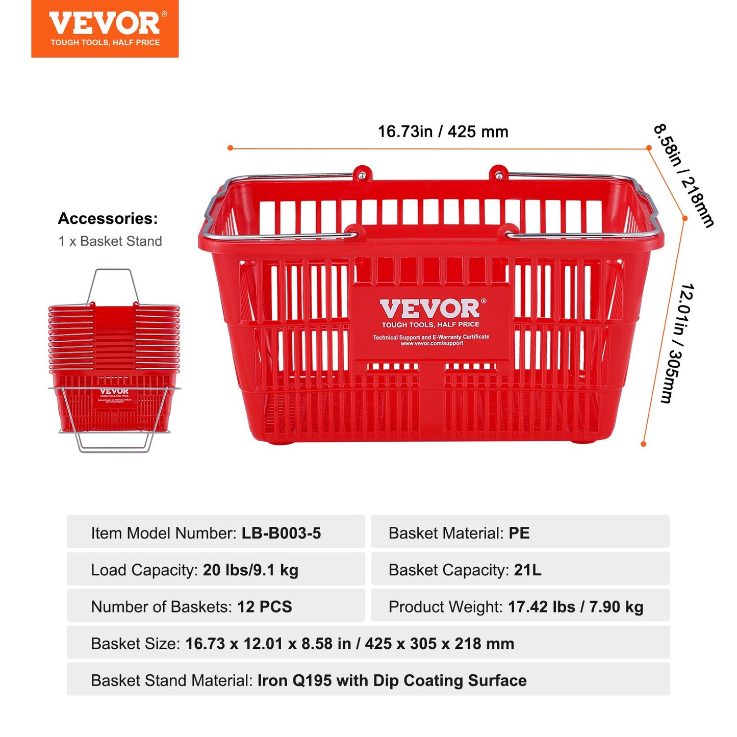 VEVOR Shopping Basket, Set of 12, 21L Durable Plastic Grocery Basket with Metal