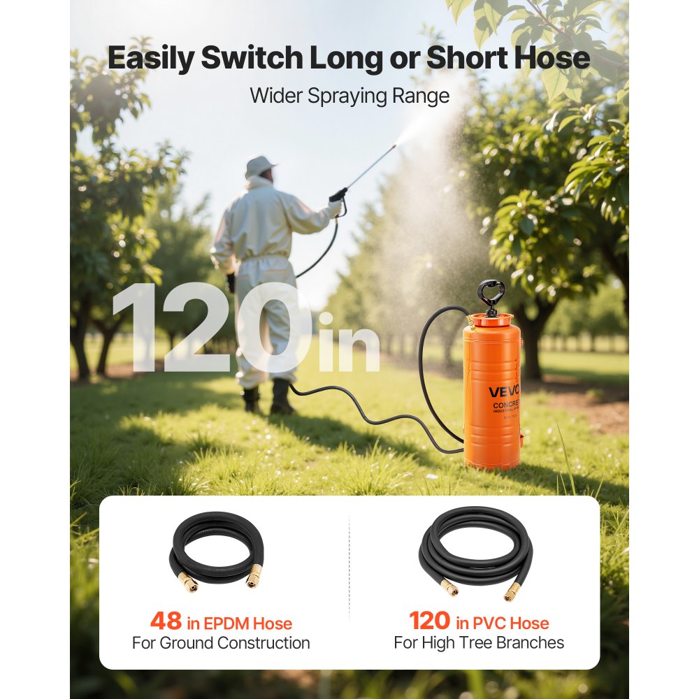 Industrial Concrete Sprayer, 14L Stainless Steel Sprayer, Heavy Duty Tri-Poxy Pump Sprayers, 52cm Wand with Ergonomic Gun Handle, 1.2m & 3m Hoses, 2 Brass Nozzles for Construction, Garden