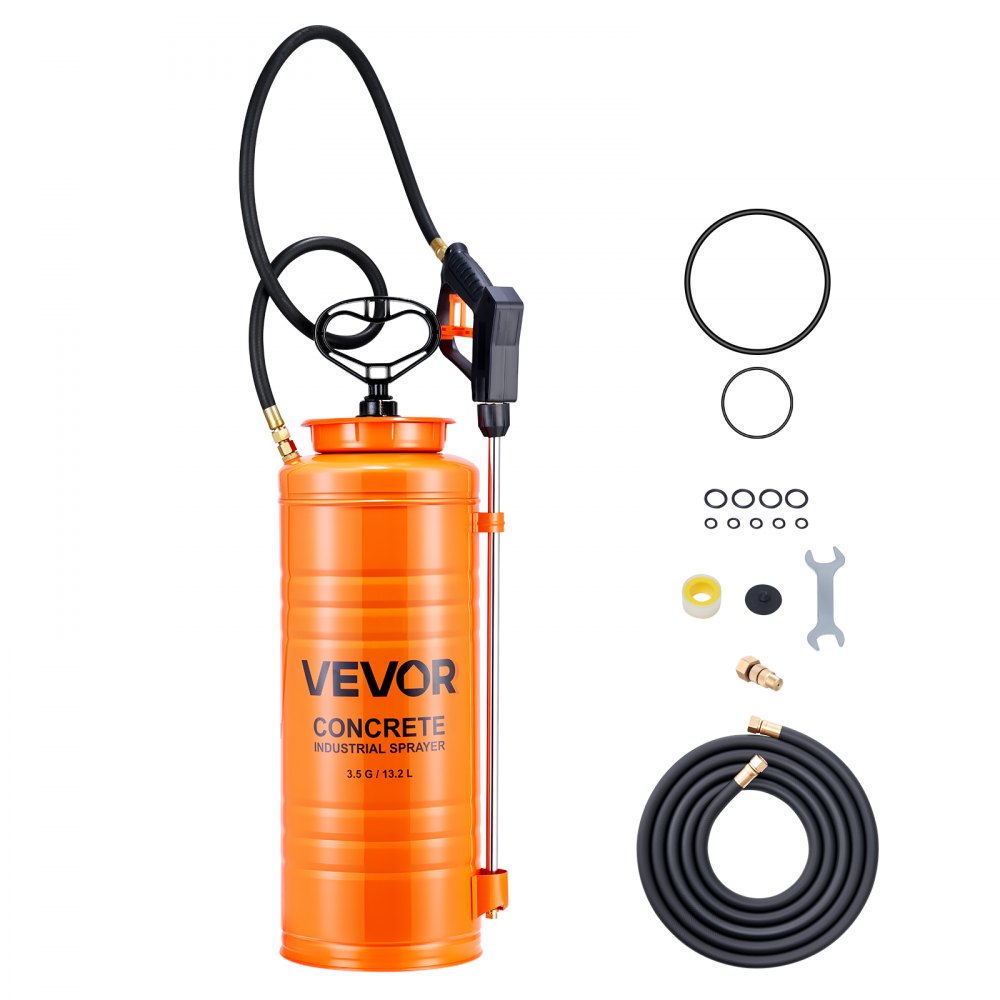 Industrial Concrete Sprayer, 14L Stainless Steel Sprayer, Heavy Duty Tri-Poxy Pump Sprayers, 52cm Wand with Ergonomic Gun Handle, 1.2m & 3m Hoses, 2 Brass Nozzles for Construction, Garden