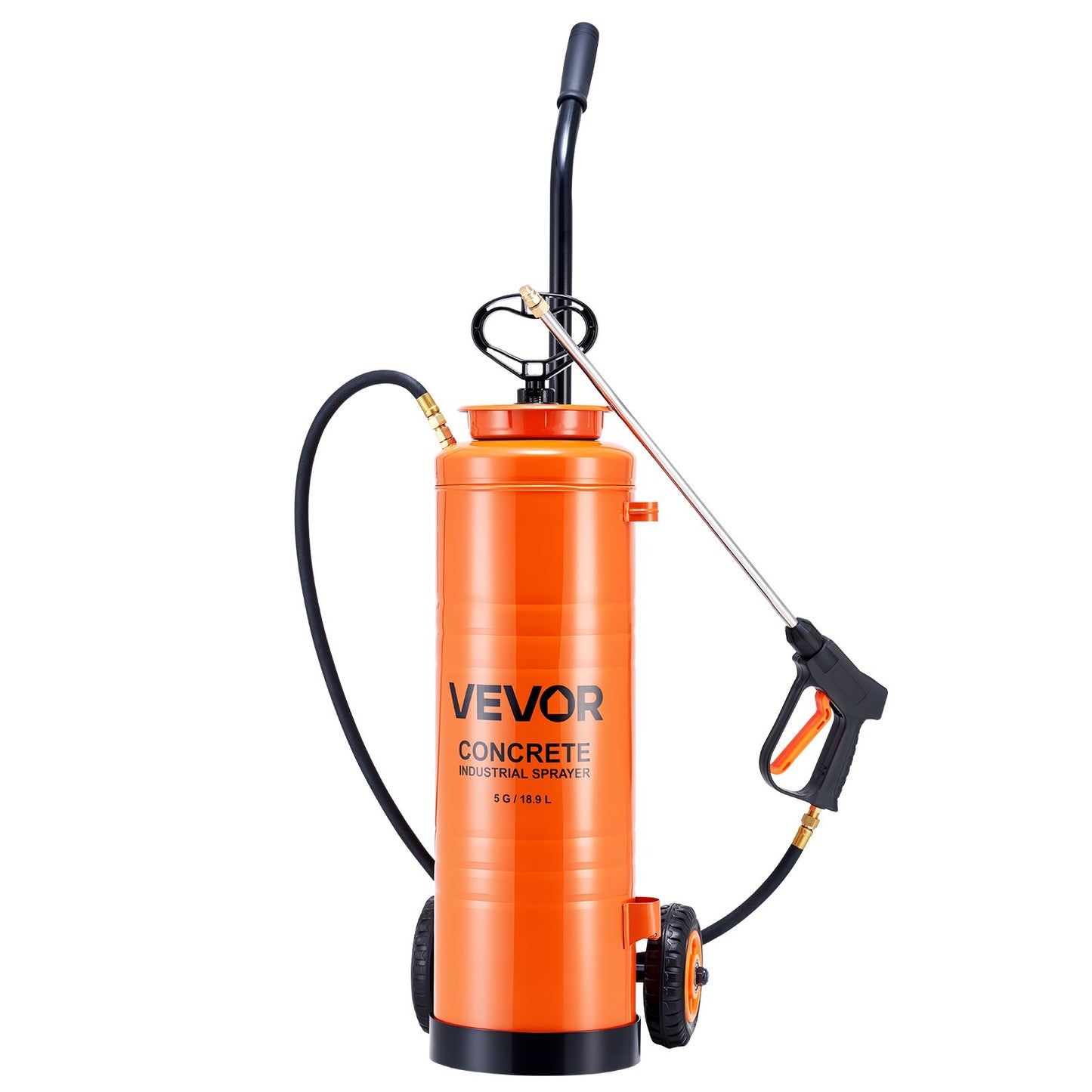 Industrial Concrete Sprayer with Wheeled Cart, 19L Stainless Steel Sprayer, Heavy Duty Tri-Poxy Pump Sprayers, 52cm Wand, 1.2m & 3m Hoses, 2 Brass Nozzles for Construction, Lawn & Garden