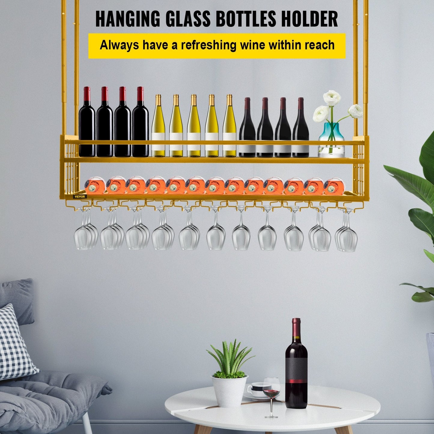 Gold Ceiling-Mounted Wine Rack with Adjustable Height and Glass Holder, 119x30cm