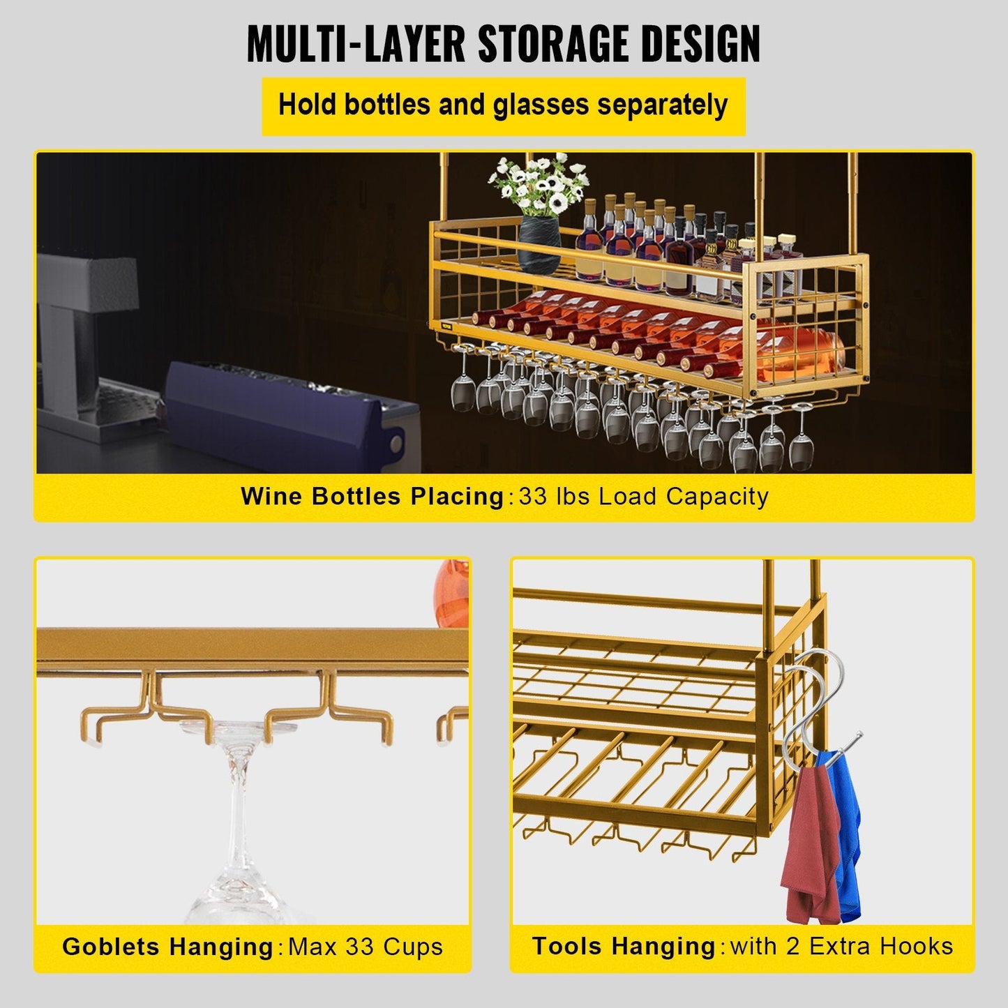 Gold Ceiling-Mounted Wine Rack with Adjustable Height and Glass Holder, 119x30cm
