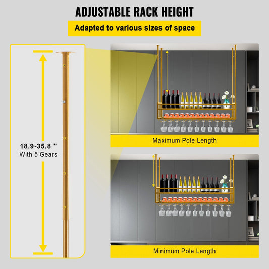 Gold Ceiling-Mounted Wine Rack with Adjustable Height and Glass Holder, 119x30cm